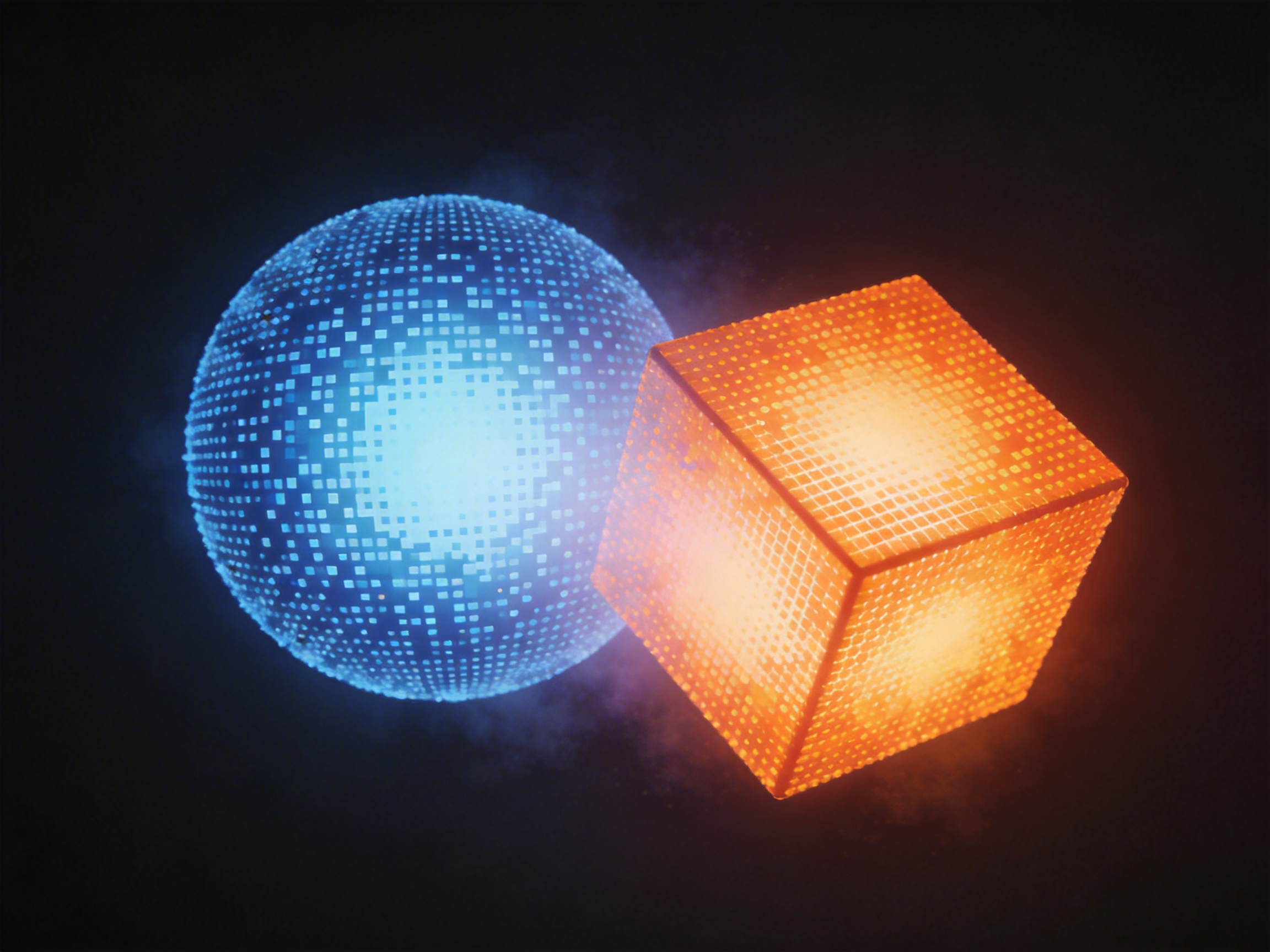 图中展示了两个具有科技感的几何发光体，悬浮在深邃的黑色背景中。左侧是一个巨大的球体，散发着冷调的蓝光；右侧是一个倾斜的立方体，散发着暖调的橙红色光芒。两个物体表面都覆盖着由无数微小发光方块组成的网格纹理，呈现出一种数字化或像素化的视觉效果。球体和立方体的中心区域亮度最高，向边缘逐渐变暗，周围还环绕着淡淡的烟雾或能量云团，营造出一种虚幻的科幻氛围。

在 AI 生成的细节方面，画面存在一些明显的逻辑缺陷：立方体的边缘线条并不完全笔直，呈现出轻微的锯齿状和不规则的波动；其表面的像素网格分布不均，部分区域的方块发生了扭曲和融合，缺乏严谨的几何对称性。此外，球体与立方体交界处的阴影处理较为模糊，光影投射关系不够自然，使得两个物体看起来像是简单叠加在一起，缺乏真实的空间深度感。