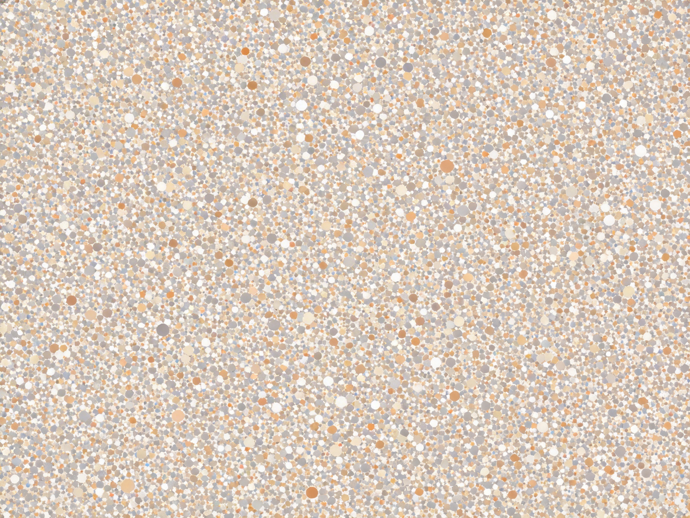 图中展示了一幅充满装饰感的抽象纹理构图，整体呈现出类似水磨石或细碎石子铺就的视觉效果。画面由无数密密麻麻、大小不一的圆形和多边形色块组成，颜色以柔和的暖色调为主，包括浅米色、奶油白、淡橙色、灰褐色以及少量的浅灰色。这些色块均匀且随机地分布在整个平面上，没有明显的视觉焦点，构图呈现出一种高度重复的平铺感。从 AI 生成的角度观察，画面表现出极高的规律性，虽然试图模拟自然石材的随机性，但色块的边缘过于圆润且分布过于均匀，缺乏真实物理材质中常见的裂纹、重叠或自然的质感过渡。此外，部分微小色块之间存在模糊的粘连现象，这是典型的算法填充痕迹，使整体看起来更像是一张数字生成的背景底纹而非实物拍摄。