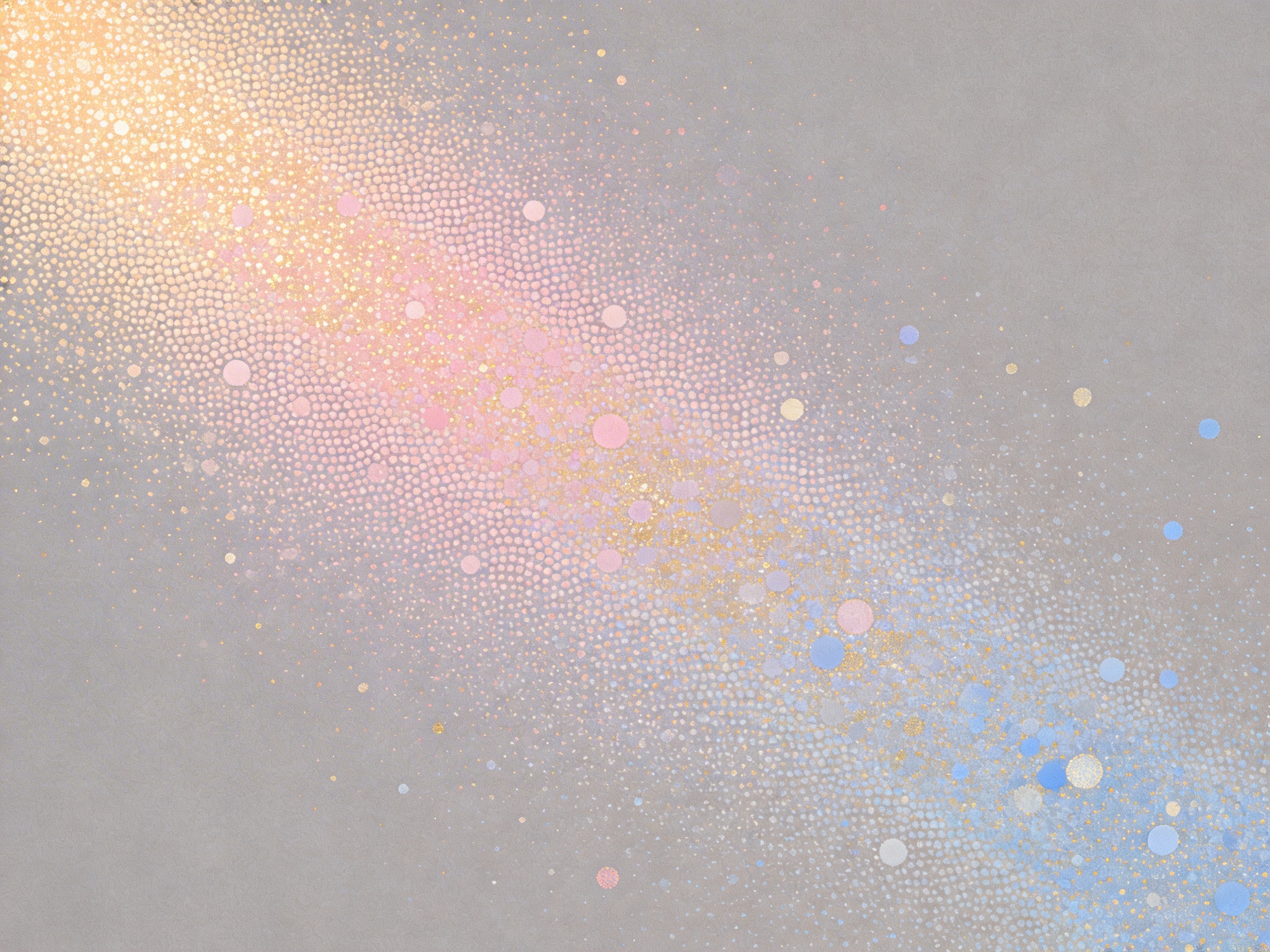 画面中呈现出一幅充满梦幻色彩的抽象艺术作品。背景是带有细微颗粒感的浅灰色，仿佛质感细腻的画布。一条由无数细小圆点组成的彩色光带从左上角斜向延伸至右下角，构成了画面的核心。光带的颜色经历了柔和的渐变：左上角是明亮的金黄色，如同阳光洒下；中间过渡为甜美的粉红色；右下角则转变为清新的浅蓝色。这些圆点大小不一，排列紧密而富有节奏感，营造出一种类似星河或发光鳞片的视觉效果。在光带边缘，一些较大的彩色圆点和金色亮粉随意散落，增加了画面的灵动感。作为 AI 生成的图像，其缺陷在于圆点的分布逻辑在局部显得过于机械，部分细小的纹理在放大后呈现出不自然的噪点堆叠，且光带边缘的虚化处理略显生硬，缺乏真实绘画中颜料自然晕染的层次感。