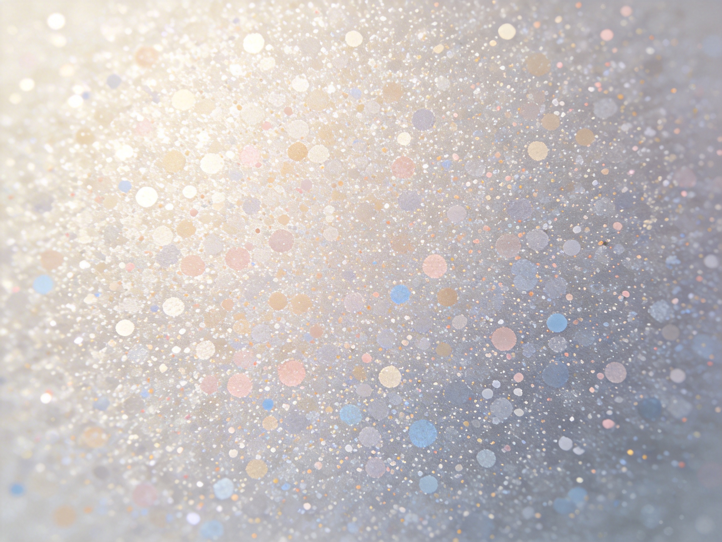 画面中呈现的是一个充满梦幻色彩的抽象光影场景，仿佛是无数细小的亮片或水滴散落在磨砂玻璃表面。背景色调以柔和的浅灰色和淡紫色为主，左上角有一抹明亮的暖黄色光晕，像是阳光斜射入画面，为整体冷色调增添了温暖感。画面中布满了成千上万个大小不一的圆形光点，颜色涵盖了淡粉、浅蓝、金黄和银白色，营造出一种波光粼粼、闪烁跳跃的视觉效果。构图上采用了浅景深处理，中心区域的光点相对清晰，而边缘部分则逐渐模糊，产生了一种深邃的虚幻感。作为 AI 生成的图像，其缺陷在于光点的分布过于均匀且缺乏物理质感，部分圆点的边缘出现了不自然的生硬重叠，且光影的折射逻辑并不符合真实的物理规律，看起来更像是一种数字合成的纹理而非实拍的自然景观。
