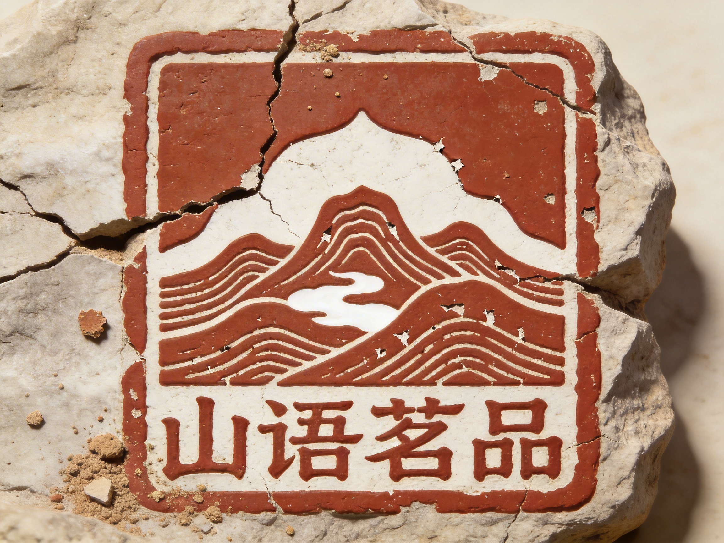 图中展示了一块粗糙的浅灰色岩石，其表面刻有一个红白相间的方形印章图案。印章构图分为上下两部分：上半部分是红底白色的山峦线条，勾勒出连绵起伏的峰峦，中心有一处类似云雾或流水的小块留白；下半部分在白色背景上用红色隶书字体写着“山语茗品”四个大字。整体色调以砖红色和石灰白为主，呈现出一种古朴、沧桑的艺术风格。岩石表面有明显的裂纹贯穿图案，左侧散落着一些细小的碎石粉末。作为 AI 生成的图片，画面存在明显的逻辑缺陷：岩石上的裂缝虽然看起来很深，但裂缝两侧的印章线条却衔接得过于完美，没有物理上的错位或崩裂感；此外，文字“茗”字的草字头与下方结构连接处显得有些生硬，不符合真实雕刻或涂抹的自然磨损规律，整体质感略显人工合成的刻意。