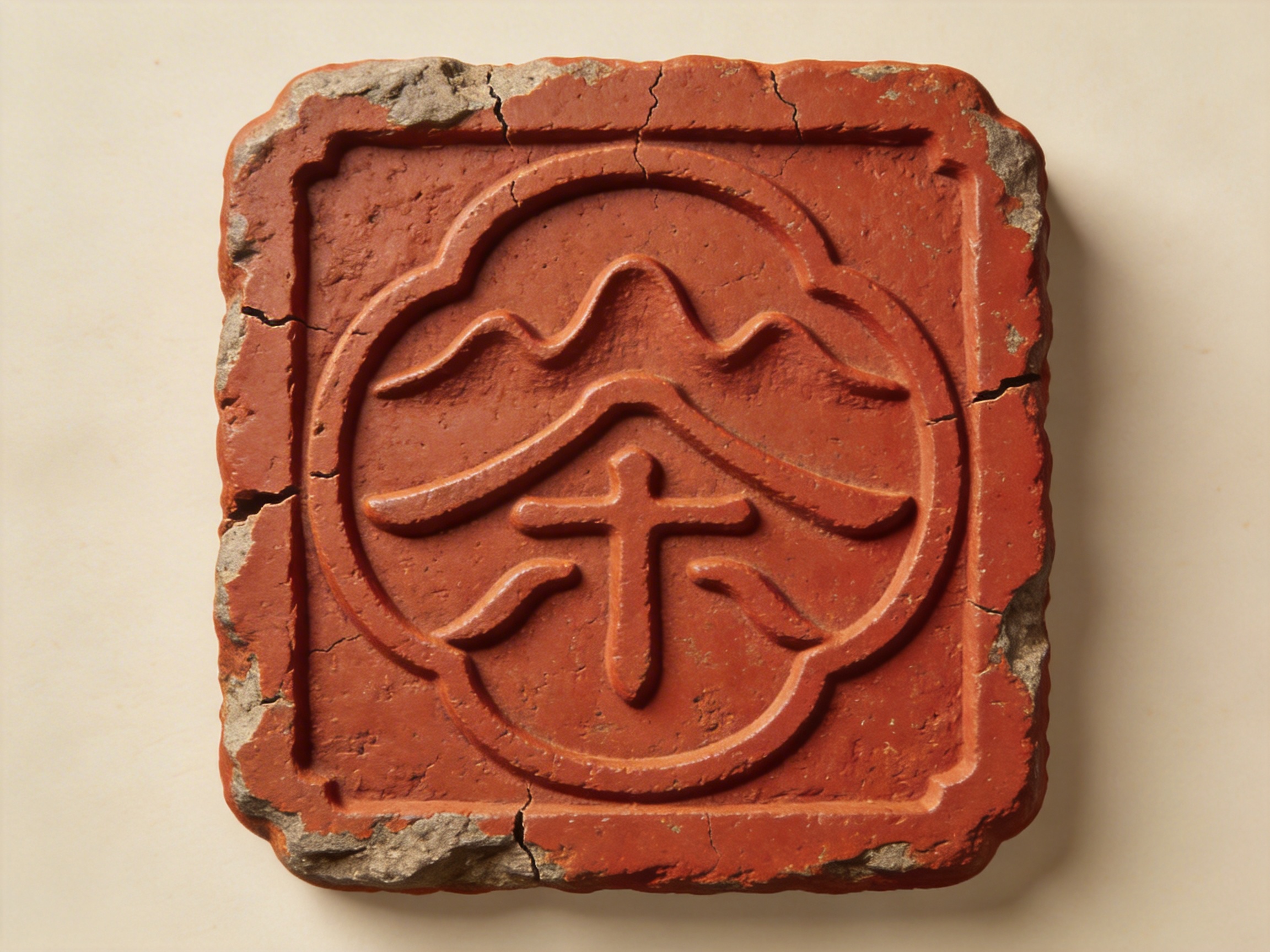 图中展示了一个正方形的红褐色仿古砖雕或茶砖，背景为纯净的米白色。这块砖的边缘呈现出自然的破损和风化痕迹，表面布满了细微的裂纹，营造出一种陈旧的历史感。砖的中心有一个圆形的凹陷区域，内部雕刻着一个变形的汉字“茶”。这个字的上半部分被艺术化地处理成了连绵起伏的山峦形状，下半部分则保留了类似“木”字的结构。整个构图居中，光线从右上方照射，使雕刻的边缘产生柔和的阴影，增强了立体感。作为 AI 生成的图像，画面存在明显的逻辑缺陷：中心“茶”字的笔画结构并不符合真实的汉字书写规范，尤其是下方的横竖撇捺被简化成了一个类似十字架的符号，且两侧的撇捺呈现出不自然的弯曲。此外，砖块边缘的裂缝分布过于均匀且生硬，缺乏真实古物那种随机的自然质感。