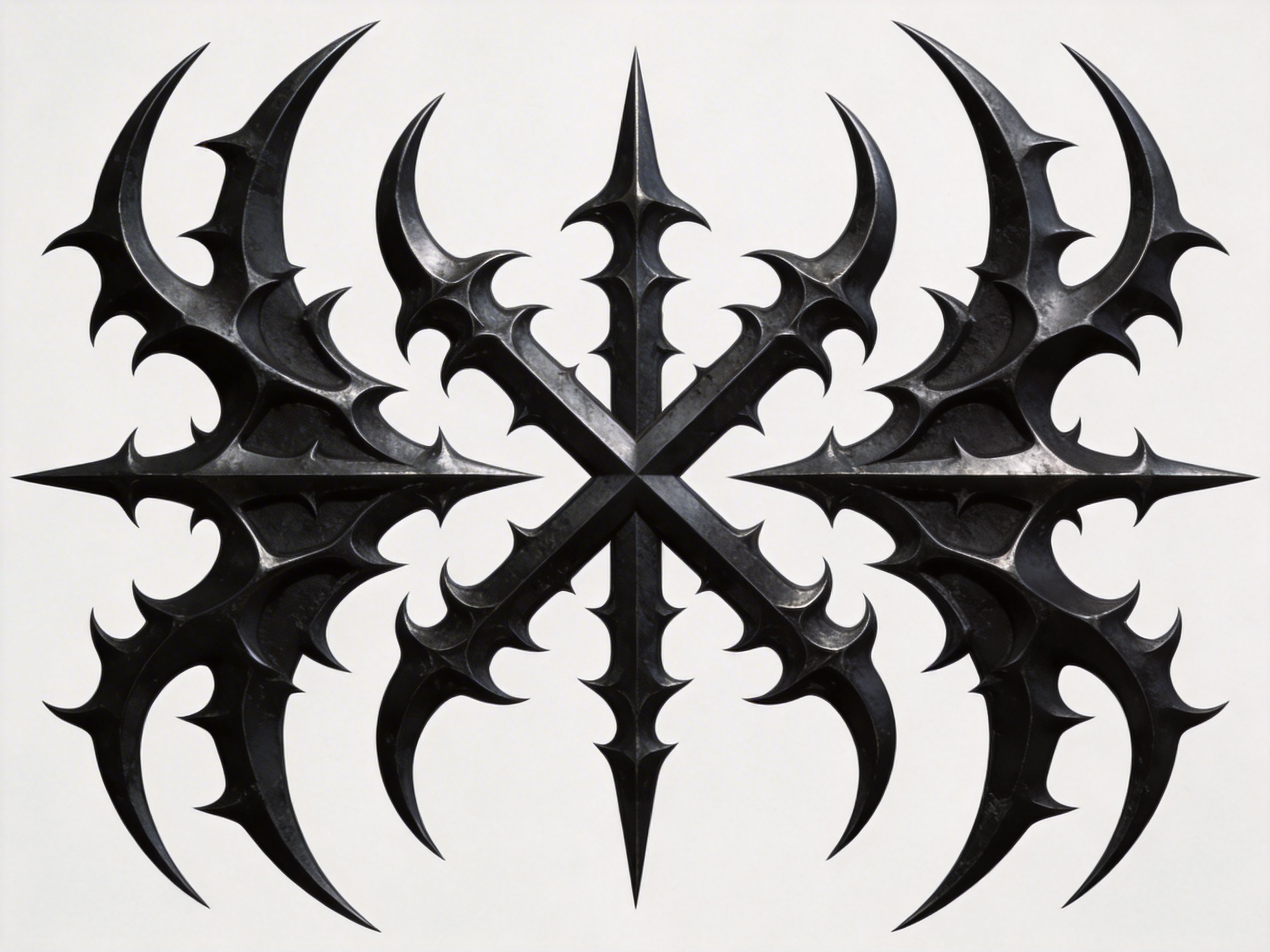 画面中展示了一个在纯白色背景下的黑色金属质感符号，风格带有浓厚的暗黑奇幻或重金属美学。构图呈中心对称，核心是一个由六条尖锐长矛状线条组成的放射状星形，中心点微微隆起。在这个核心符号的左右两侧，各有一组巨大的、呈弧形弯曲的带刺翼状结构，边缘布满了锋利的锯齿和倒钩，看起来像是由冰冷的生铁锻造而成。整体颜色以深灰色和黑色为主，表面带有细腻的金属磨损纹理和冷峻的光泽感。在 AI 生成的细节方面，虽然整体看起来非常对称，但仔细观察可以发现左右两侧的尖刺数量和弯曲弧度并不完全一致，存在细微的非对称偏差。此外，部分尖刺的交汇处纹理略显模糊，线条的衔接在透视上不够严丝合缝，呈现出一种超现实但略欠逻辑的构造感。