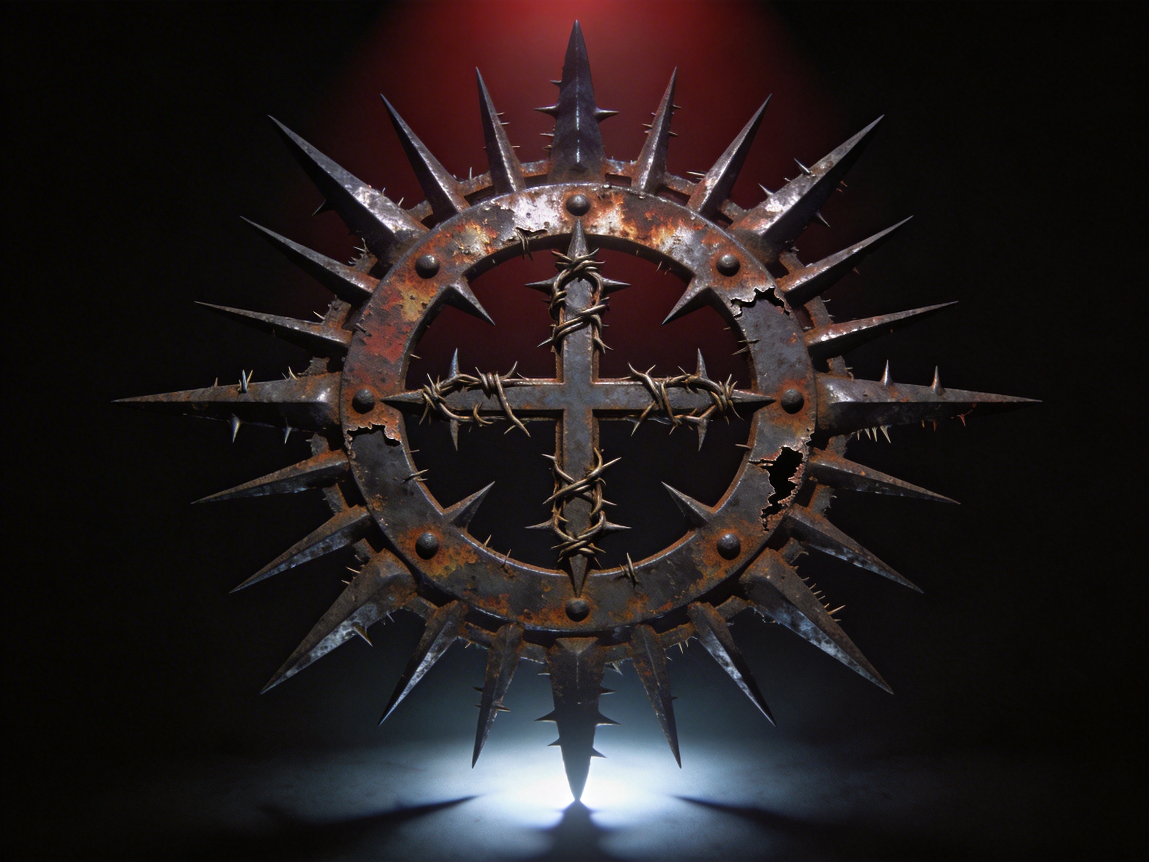 图中展示了一个带有宗教与哥特恐怖风格的金属装置，整体呈圆环放射状。画面中心是一个厚重的金属圆环，圆环内部嵌有一个十字架，十字架上缠绕着带刺的铁丝网。圆环外缘向四周伸出二十多根长短不一的尖锐金属刺，使其看起来像一个生锈的、带有攻击性的太阳轮。材质呈现出深灰色，表面布满了红褐色的铁锈和斑驳的损毁痕迹，透出一种陈旧且压抑的氛围。背景是深邃的黑色，顶部有一抹暗红色的微光，底部则有一束冷白色的强光向上照射，在地面投射出尖锐的阴影。在 AI 生成的细节方面，存在明显的逻辑缺陷：圆环左右两侧的破损边缘看起来非常不自然，像是随机撕裂的纸张而非金属断裂；环绕十字架的铁丝网在交汇处结构混乱，线条凭空消失或重叠；此外，外圈放射状的长刺在排列间距和透视角度上略显失衡，部分小刺的生长位置违背了物理结构。