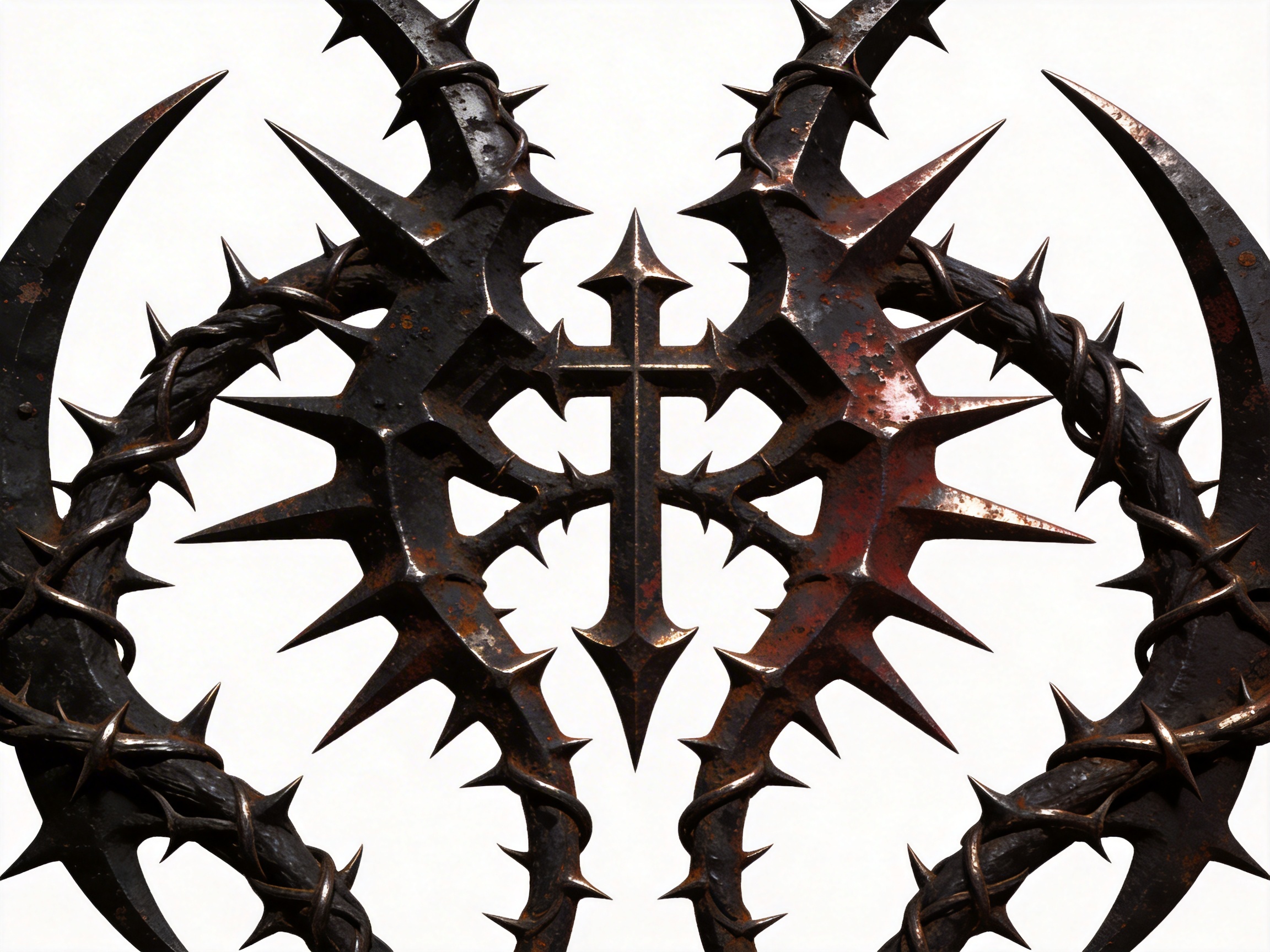 图中展示了一个充满哥特暗黑风格的金属构件，背景为纯白色。画面中心是一个带有尖刺边缘的十字架，其左右两侧对称分布着巨大的、呈弧形弯曲的金属荆棘环。这些构件表面呈现出深黑色与铁锈红交织的质感，显得陈旧且冰冷。金属表面布满了密密麻麻、锋利无比的尖刺，整体构图严谨对称，散发出一种压抑、神圣而又危险的宗教艺术气息。

作为 AI 生成的图像，画面中存在明显的逻辑缺陷：首先，金属荆棘的缠绕方式不符合物理常识，细小的金属条像藤蔓一样扭曲穿插，但在衔接处显得模糊且结构不明。其次，左右两侧的弧形构件在边缘处突然截断，缺乏完整的支撑逻辑。此外，金属表面的锈迹分布过于细碎且不自然，部分尖刺的透视角度与主体结构略有偏差，显得有些漂浮。