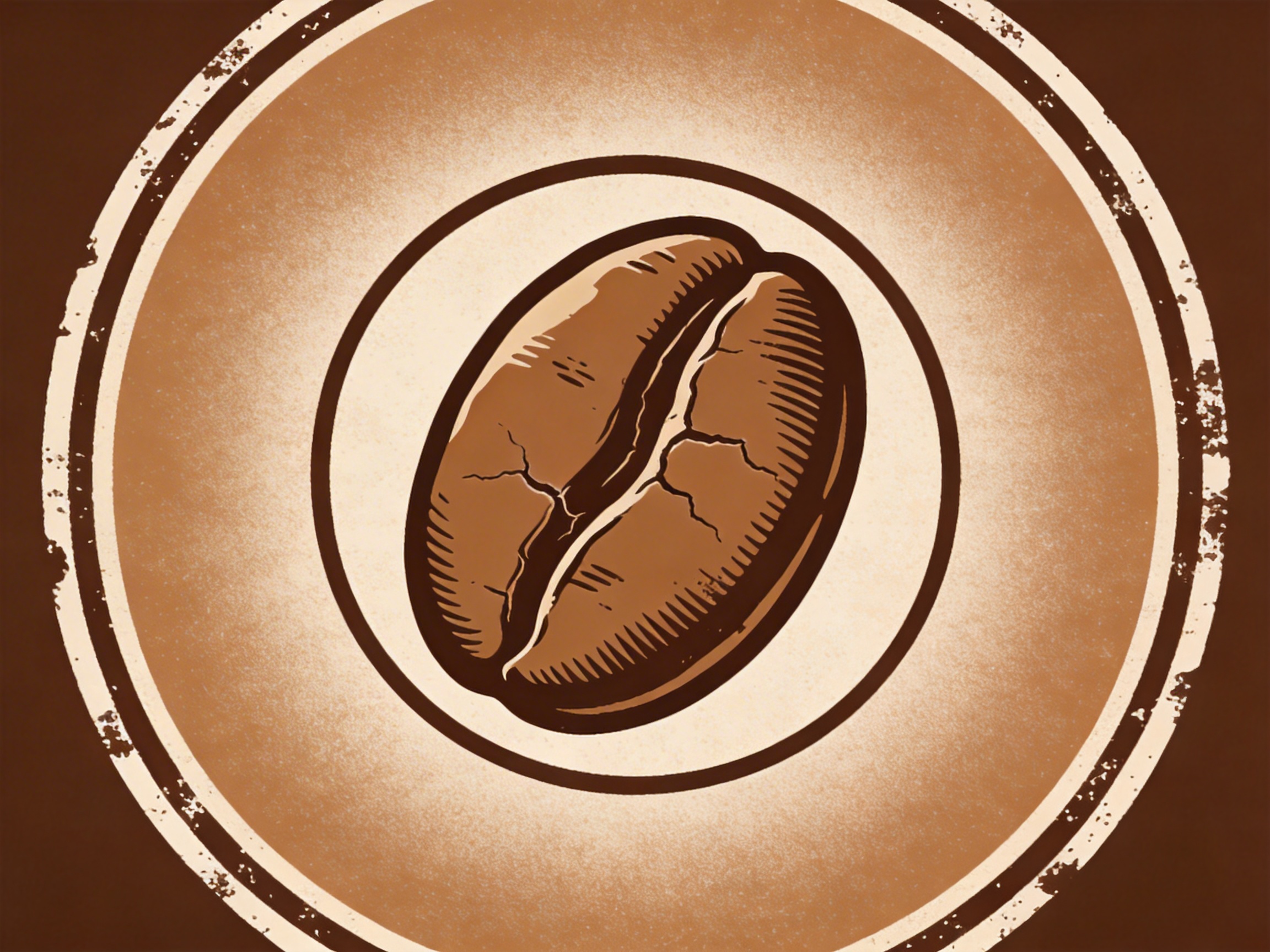 画面中展示了一个复古风格的圆形徽标，中心是一颗巨大的咖啡豆。整体色调以深棕、浅褐和米白色为主，呈现出一种怀旧的质感。咖啡豆位于正中央，呈倾斜姿态，表面带有细腻的排线阴影和裂纹装饰，展现出一种版画或手绘漫画的风格。咖啡豆被一圈深棕色的圆环包围，背景则是带有颗粒感的浅褐色渐变，最外层是一个带有斑驳磨损效果的白色大圆环，增加了复古印章的视觉效果。

在 AI 生成的细节方面，存在一些逻辑上的小瑕疵：咖啡豆表面的裂纹分布略显随意，不完全符合真实咖啡豆的自然纹理；此外，最外圈白色圆环的磨损边缘在某些角度显得过于规律，缺乏真实的随机感。整体构图虽然对称，但中心圆环的线条粗细在不同位置略有细微的不均匀，这是 AI 在处理矢量风格图形时常见的精度偏差。