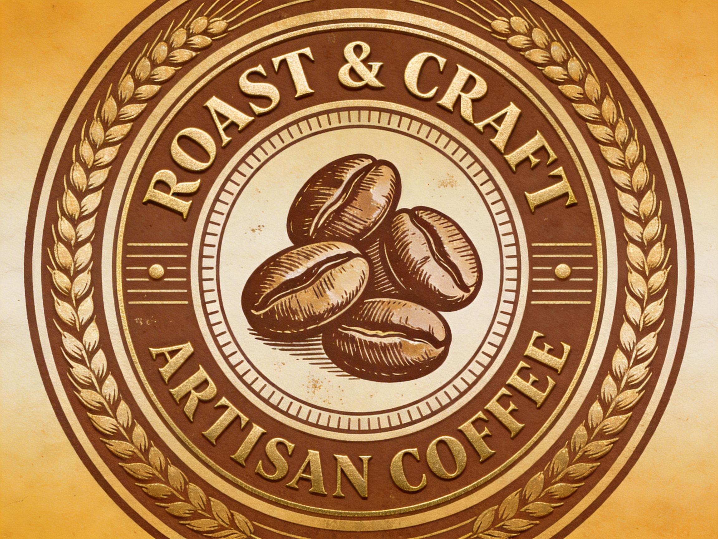 图中展示了一个复古风格的圆形咖啡标志，整体色调以温暖的棕色、金色和米黄色为主，呈现出一种怀旧的纸质质感。标志的中心是四颗手绘风格的咖啡豆，堆叠在一起，线条细腻。咖啡豆外围环绕着两圈圆环，圆环之间排列着金色的立体英文字母，上方写着“ROAST & CRAFT”，下方写着“ARTISAN COFFEE”。最外层由两串金色的麦穗或叶片纹样环绕成圆。

在 AI 生成的细节方面，画面存在一些明显的逻辑缺陷：首先，文字的排列并不完全对称，下方的“ARTISAN COFFEE”字母间距略显局促且倾斜角度不一。其次，左右两侧作为装饰的横线和圆点并不完全对等，右侧的圆点位置略微偏低。此外，最外圈的麦穗纹理在顶部交汇处显得有些模糊和断裂，缺乏自然的衔接感。整体构图虽然规整，但细看之下线条的粗细和阴影处理仍带有 AI 生成的随机性。