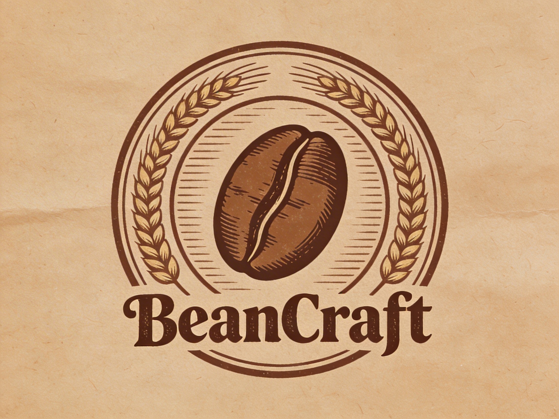 图中展示了一个复古风格的圆形咖啡标志，背景是带有褶皱质感的浅褐色牛皮纸。标志的中心是一颗巨大的深褐色咖啡豆，采用木刻版画风格绘制，细节处带有细腻的排线阴影。咖啡豆被两簇对称的金色麦穗环绕，麦穗呈半圆弧状向上延伸。标志下方印有深褐色的粗体英文字母“BeanCraft”，字体带有复古的衬线装饰。整体色调以暖棕色和土黄色为主，营造出一种手工、天然的怀旧氛围。在 AI 生成的细节方面，可以观察到左侧麦穗的尖端与圆环边缘的衔接略显生硬，且字母“n”与“C”之间的间距比其他字母稍微拥挤，底部的双线圆环在字母下方出现了不自然的断裂和重叠，这些都是典型的 AI 绘图逻辑瑕疵。