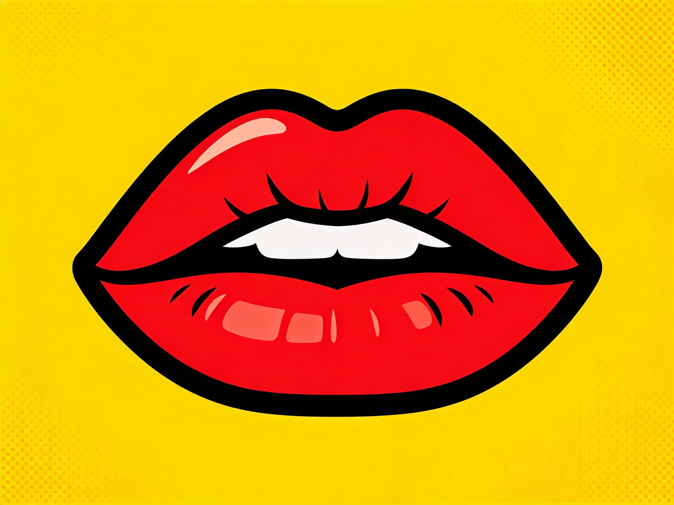 图中展示了一幅波普艺术风格的插画，主体是一张微微张开的红唇。嘴唇涂着鲜艳的正红色唇膏，轮廓由粗重的黑色线条勾勒，呈现出强烈的漫画感。上唇左侧有一块白色的高光，模拟了光泽感，而嘴唇内部露出了一排整齐洁白的牙齿。背景是明亮的纯黄色，四周带有细密的半色调圆点纹理，增强了复古印刷的效果。构图简洁且居中，色彩对比极其强烈，视觉冲击力很大。在 AI 生成的细节方面，可以观察到上唇内缘的黑色阴影线条分布略显不均，且牙齿的形状过于简化，缺乏自然的生理结构缝隙，呈现出一种块状的平面感，这在矢量风格的 AI 绘图中较为常见。