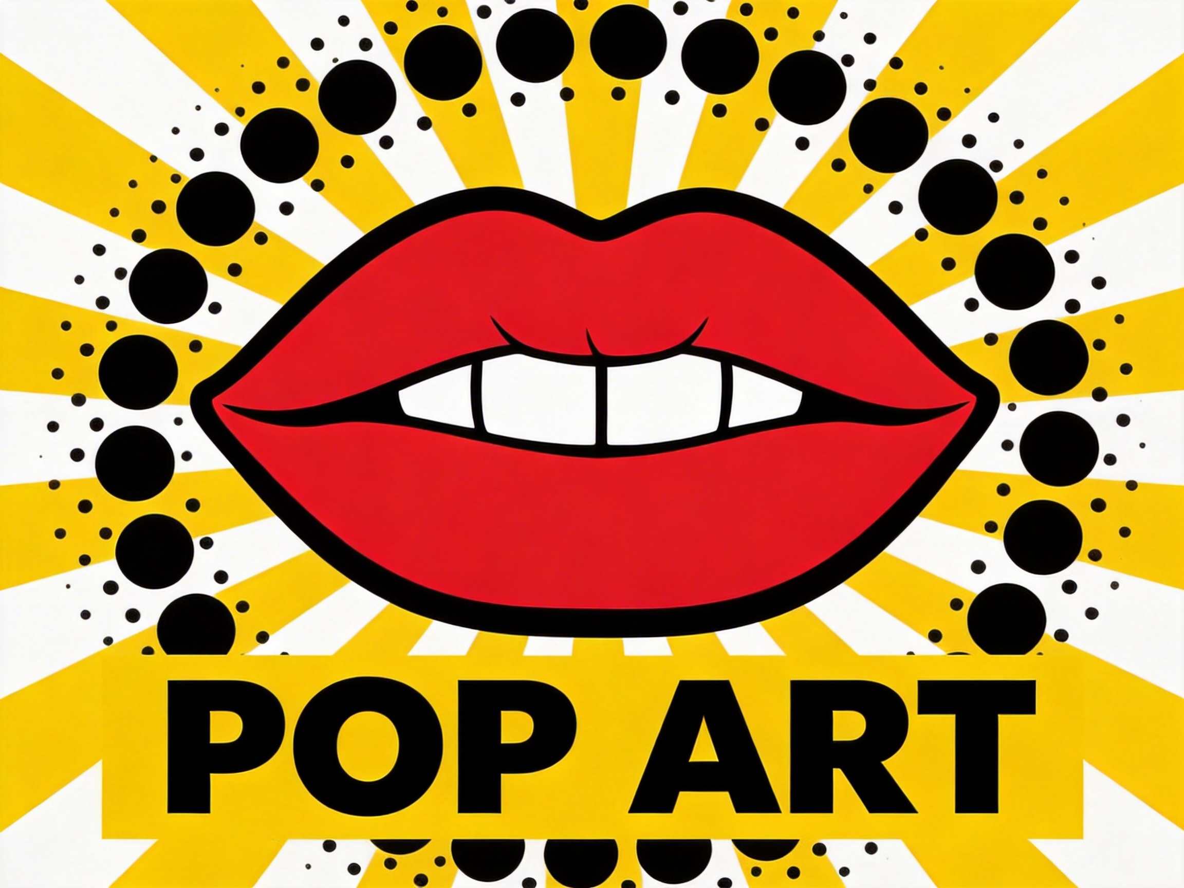 图中展示了一幅具有鲜明波普艺术风格的插画。画面中心是一张涂着鲜艳大红色口红的嘴唇，略微张开，露出四颗整齐的白色牙齿。嘴唇线条粗犷，带有黑色轮廓。背景由黄色和白色相间的放射状条纹组成，呈现出强烈的视觉冲击力。在嘴唇周围，环绕着一圈由大到小排列的黑色实心圆点，形成了类似半色调网点的装饰效果。画面下方是一个醒目的黄色长方形色块，上面印有黑色加粗的英文大写字母“POP ART”。

在 AI 生成的细节方面，存在一些明显的逻辑缺陷：首先，嘴唇内部的牙齿结构不符合解剖学，门牙的位置和形状显得生硬且对称性异常，缺乏自然的牙龈线。其次，背景中的黑色圆点排列并不完全规整，部分圆点的边缘出现了轻微的锯齿或模糊。此外，下方文字“POP ART”所在的黄色色块与背景的放射状条纹衔接处略显生硬，缺乏自然的图层融合感。