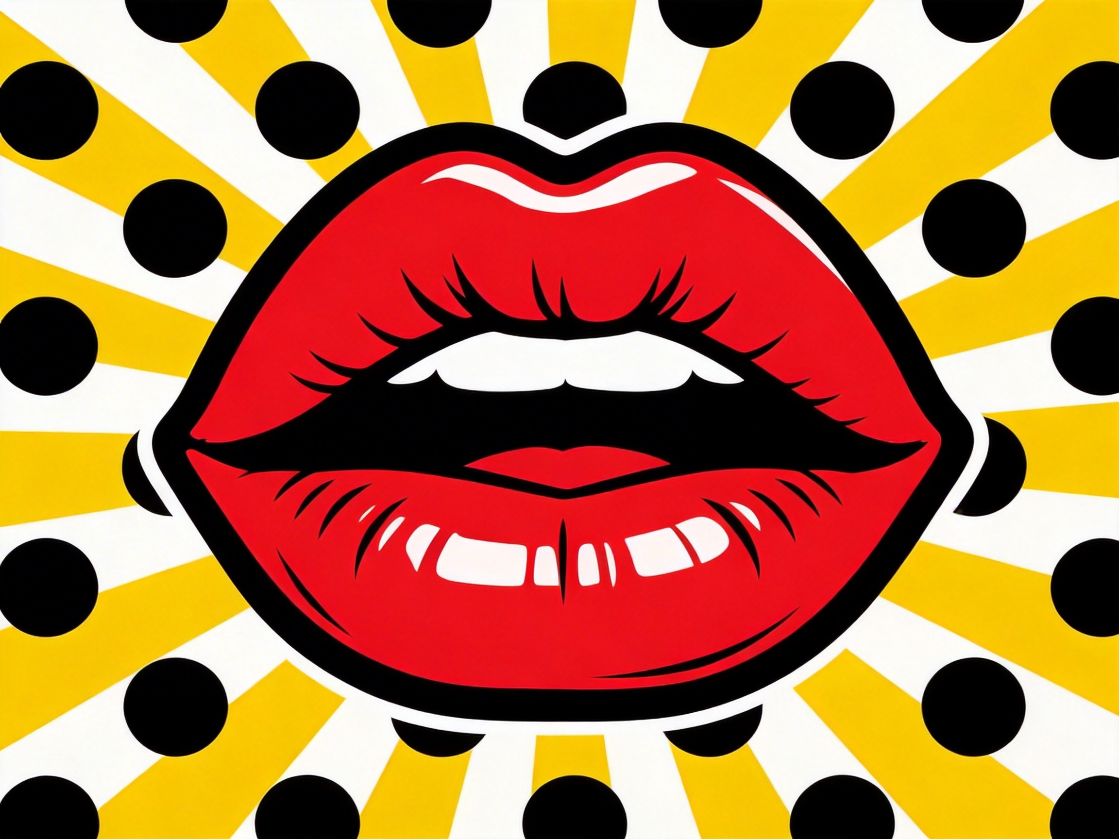图中展示了一幅具有鲜明波普艺术风格的插画。画面中心是一张微微张开的红唇，涂抹着鲜艳的红色唇膏，并带有白色的高光，增强了立体感和光泽感。红唇拥有粗黑的轮廓线，上唇微露出一排洁白的牙齿。背景由黄白相间的放射状条纹组成，并均匀分布着大尺寸的黑色圆点，这种波尔卡圆点与放射线的结合营造出强烈的视觉冲击力和复古漫画感。

在 AI 生成的细节方面，存在一些明显的逻辑缺陷：首先，上唇内部露出的白色部分虽然代表牙齿，但缺乏清晰的牙缝结构，看起来像是一整块白色的平面；其次，口腔内部的阴影处理较为生硬，舌头或口腔深处的构造表现模糊，仅以简单的红色和黑色块替代；此外，背景中的黑色圆点在靠近嘴唇边缘处分布不均，部分圆点被截断的方式略显生硬，缺乏自然的透视遮挡关系。