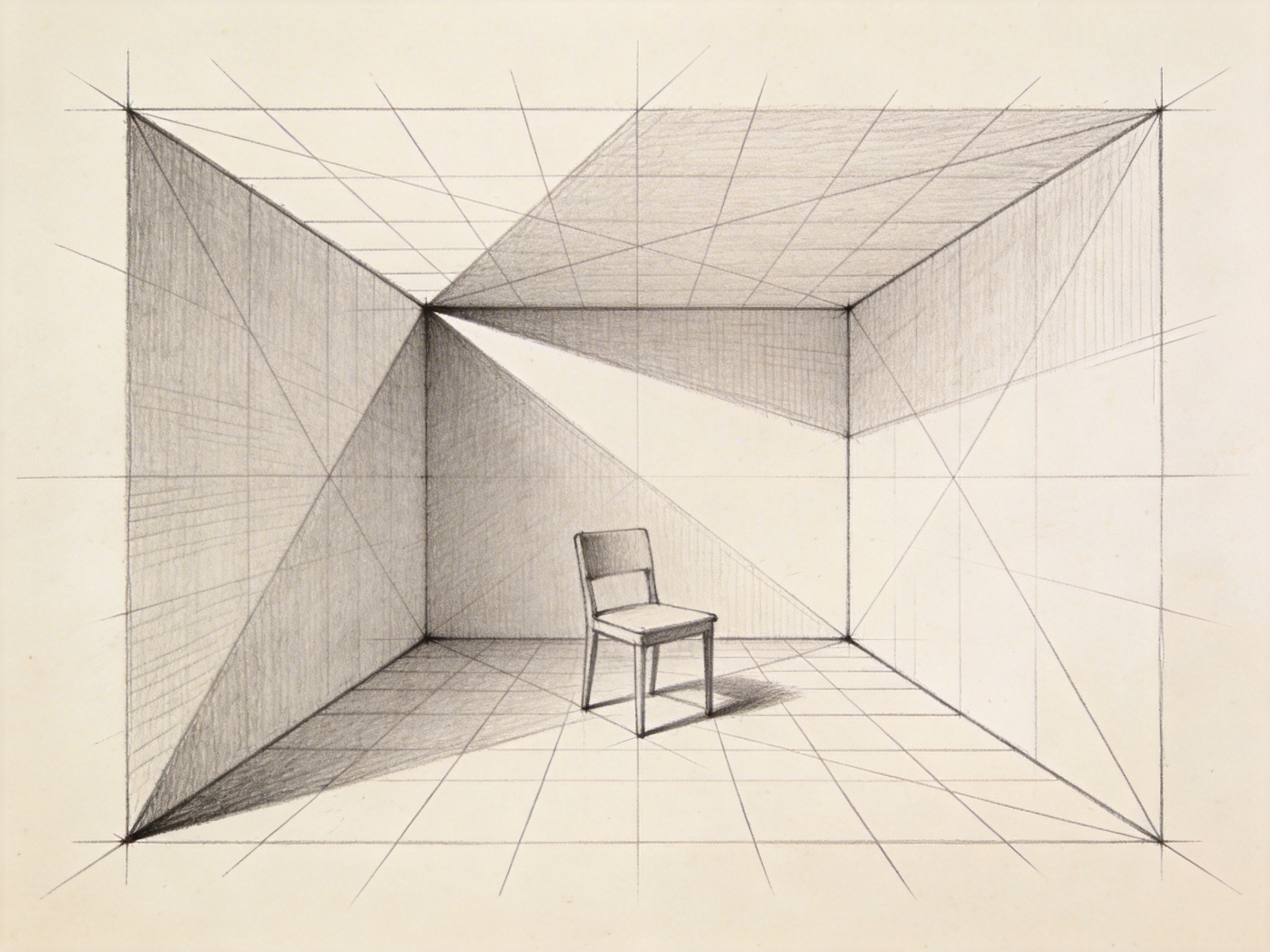 画面中呈现的是一张模拟铅笔素描风格的透视练习图。场景是一个由直线构成的极简室内空间，中心位置孤零零地摆放着一把木质靠背椅。整幅画以米白色纸张为底，运用了大量的辅助线来展示空间透视关系。光影处理较为细腻，椅子在格状地面上投下了清晰的阴影，墙面也有明暗交替的阴影区域。

然而，作为一张 AI 生成的图片，画面中存在明显的透视逻辑缺陷。首先，背景墙壁的交汇点与辅助线的消失点并不统一，导致空间结构在视觉上显得扭曲且不合理。其次，左侧墙面的阴影形状与光源方向严重冲突，呈现出一种物理上不可能存在的三角形切割感。此外，椅子虽然位于画面中心，但其底部的四条腿与地面的网格透视线完全没有对齐，仿佛悬浮或斜插在地面上，这些都是典型的 AI 在处理复杂几何透视时的逻辑错误。