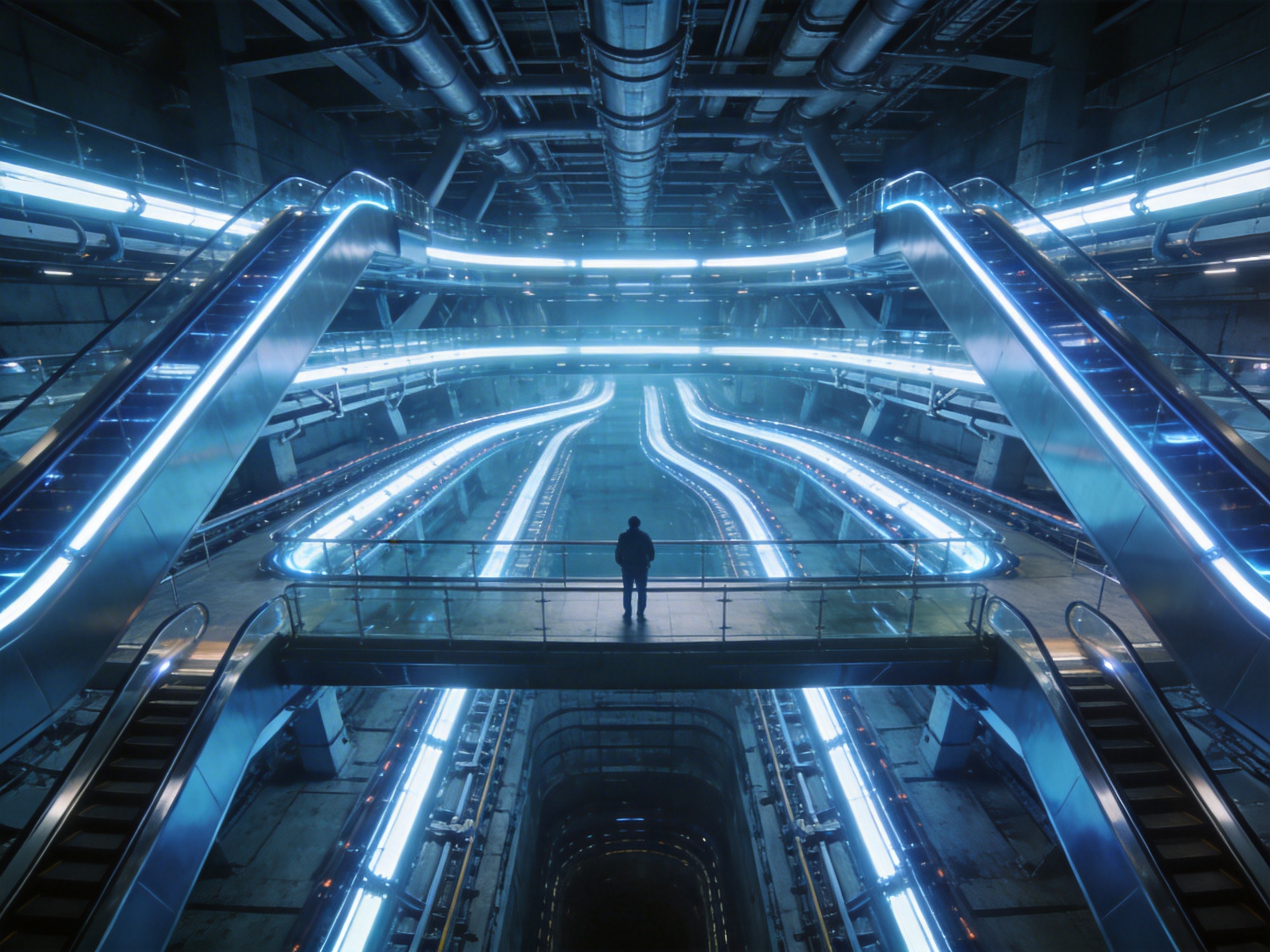 图中展现了一个充满未来科技感的巨大地下工业或交通枢纽空间。画面以冷峻的深蓝色调为主，构图呈现高度的对称美。中心位置有一名身穿深色衣服的男子背影，他正站在横跨空间的玻璃围栏天桥上，俯瞰着下方深邃的建筑结构。天桥两侧连接着多组带有蓝色荧光扶手的自动扶梯，这些扶梯交错分布在不同楼层。天花板布满了密集的工业管道，而地面则有蜿蜒的蓝色光带向远方延伸，营造出一种科幻电影般的宏大氛围。

在 AI 生成的细节方面，画面存在明显的透视和结构逻辑错误。首先，画面中央远处的蓝色光带线条凌乱且不自然地扭曲，缺乏明确的物理路径。其次，左右两侧的自动扶梯在空间衔接上显得生硬，部分扶梯的末端似乎直接消失在墙体或阴影中，没有合理的进出口设计。此外，天桥下方的深坑结构透视较为模糊，光影分布与实体结构的对应关系不够严谨，呈现出一种超现实但缺乏物理逻辑的堆砌感。