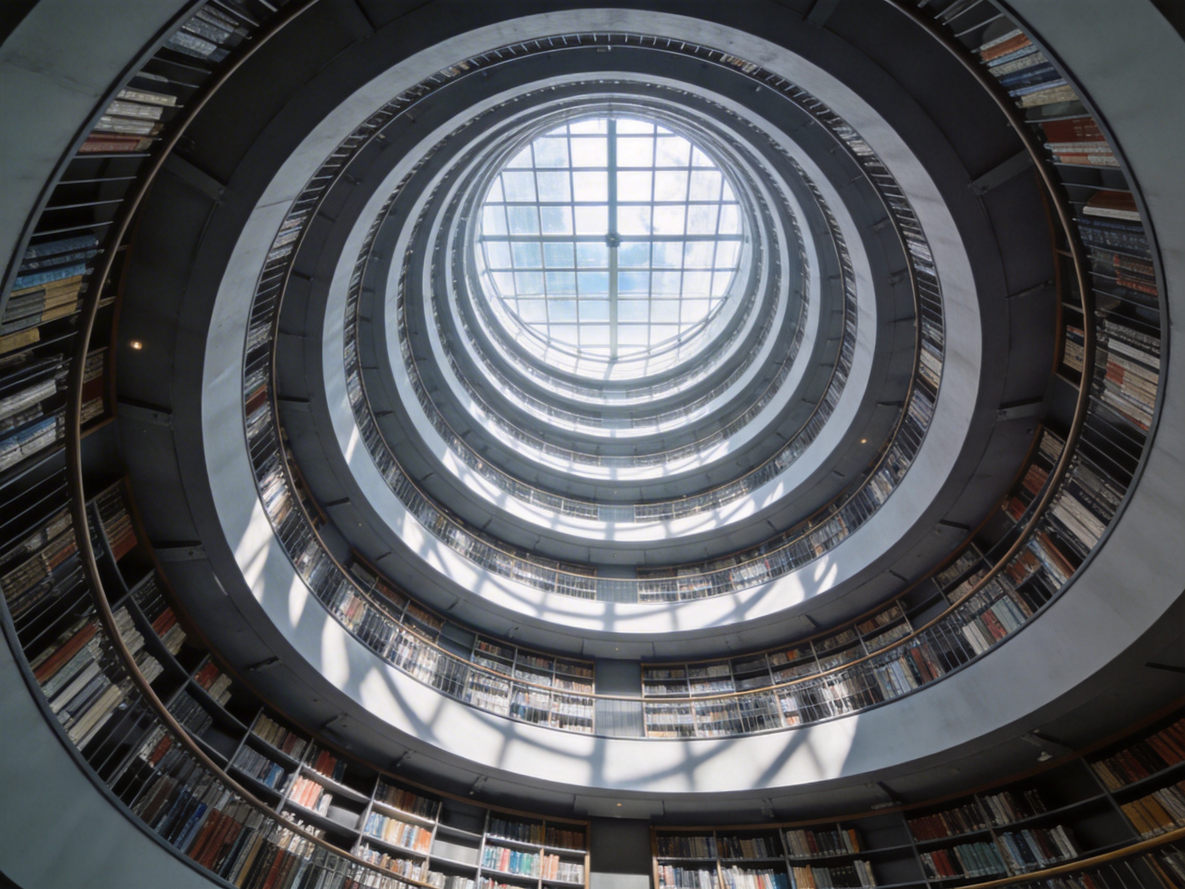 图中展示了一个宏伟的环形图书馆内部空间，采用仰视构图，呈现出强烈的深渊感和向上的延伸感。画面中心是一个巨大的圆形玻璃天窗，透出明亮的自然光，天窗的网格结构清晰可见。环绕着这个中心，无数层圆形的书架螺旋上升，每一层都摆满了密密麻麻的书籍，颜色以深灰、棕色和书脊的杂色为主。光线从顶部洒下，在圆弧形的墙面上形成了斑驳的阴影。

画面中存在明显的 AI 生成缺陷：首先，透视逻辑存在异常，书架的层数在向上延伸时显得过于密集且结构模糊，部分楼层的护栏与书架连接处显得生硬且不符合物理结构；其次，书籍的细节缺失，远处的书脊变成了模糊的色块，且部分书架的线条出现了扭曲和断裂；最后，光影处理虽然营造了氛围，但阴影的投射方向在不同层级间并不完全统一，缺乏真实的物理连贯性。