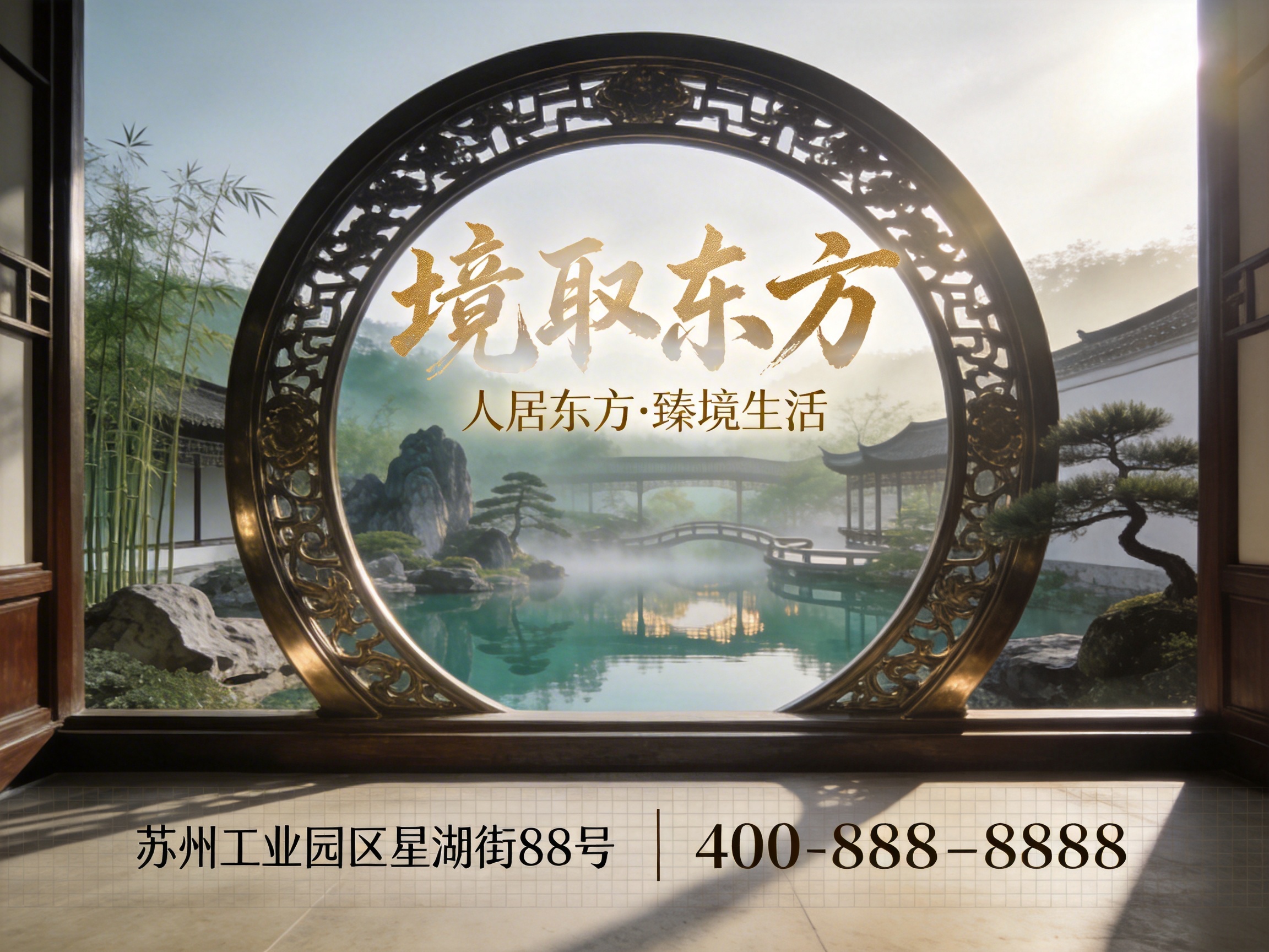 图中展示了一幅具有中式园林风格的房地产宣传海报。画面中心是一个巨大的圆形木质月洞门，透过圆门可以看到远处的苏式园林景观：碧绿的池水倒映着晨曦，水面上弥漫着淡淡的薄雾，远处有蜿蜒的石桥、凉亭和苍翠的竹林。画面色调清新雅致，以金、绿、白为主。圆门中央浮现着金色书法字体“境取东方”，下方配有小字。画面底部列有苏州的地址和联系电话。在 AI 生成的细节方面，存在明显的透视和结构异常：月洞门的木质边框纹理在底部衔接处显得不够自然，左侧竹林的生长形态略显杂乱，且远处的桥梁与凉亭在光影表现上略有漂浮感，缺乏扎实的物理空间逻辑。此外，前景地面的网格线与建筑结构的透视角度并不完全吻合。