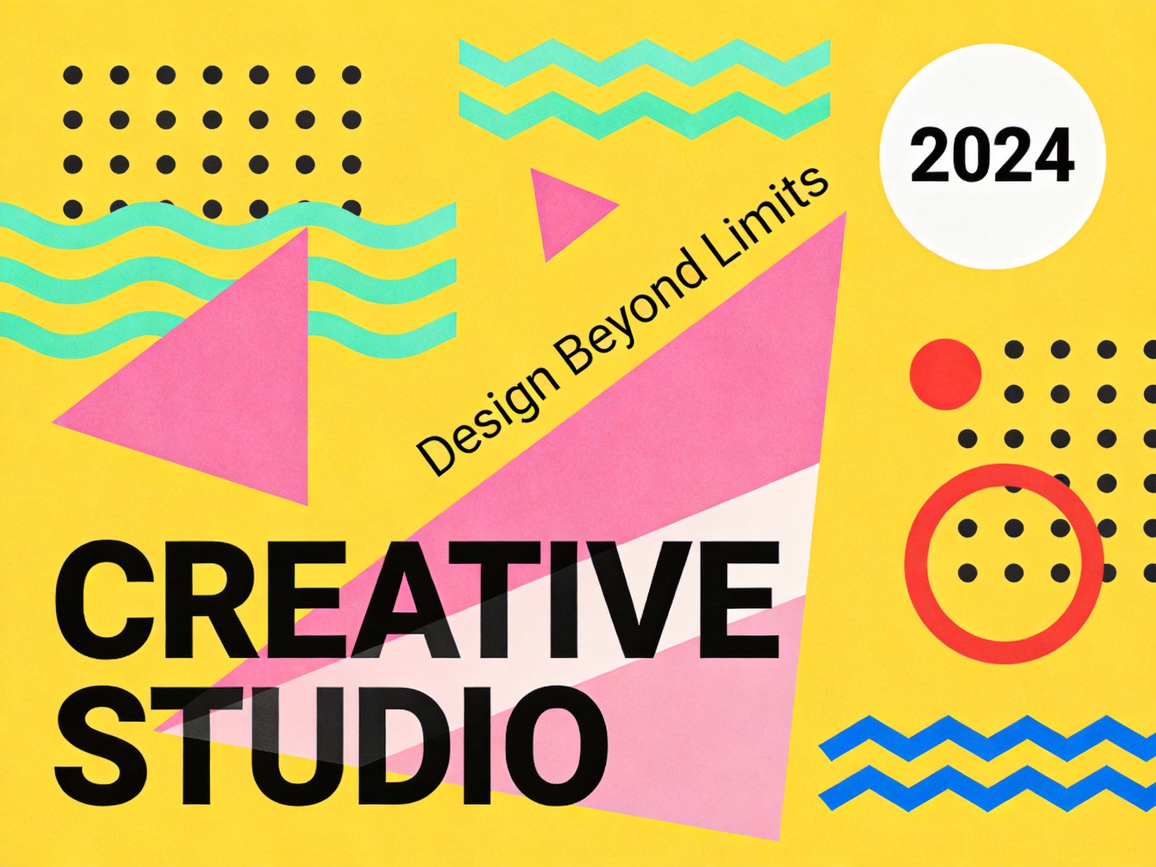 图中展示了一张具有孟菲斯设计风格的平面海报，背景为明亮的柠檬黄色。画面由多种几何图形和文字组成，色彩对比鲜明，包括粉色、青绿色、蓝色、红色和黑色。左下角有巨大的黑色粗体字“CREATIVE STUDIO”，中间斜向排列着较小的文字“Design Beyond Limits”，右上角的白色圆形内标有数字“2024”。装饰元素包括粉色的三角形、青绿色的波浪线、蓝色的锯齿线，以及多组排列整齐的黑色实心圆点。

作为一张 AI 生成的图片，画面中存在一些明显的逻辑和细节缺陷：中间斜向的文字“Design Beyond Limits”虽然拼写正确，但其排列角度与背景几何图形的边缘并不完全平行，显得有些突兀。左侧的青绿色波浪线在穿过粉色三角形时，线条的衔接处出现了轻微的断裂和色彩溢出。此外，右侧红色圆环内的黑色圆点分布不均，与周围整齐的点阵相比显得排列逻辑混乱，这些都是典型的 AI 生成痕迹。