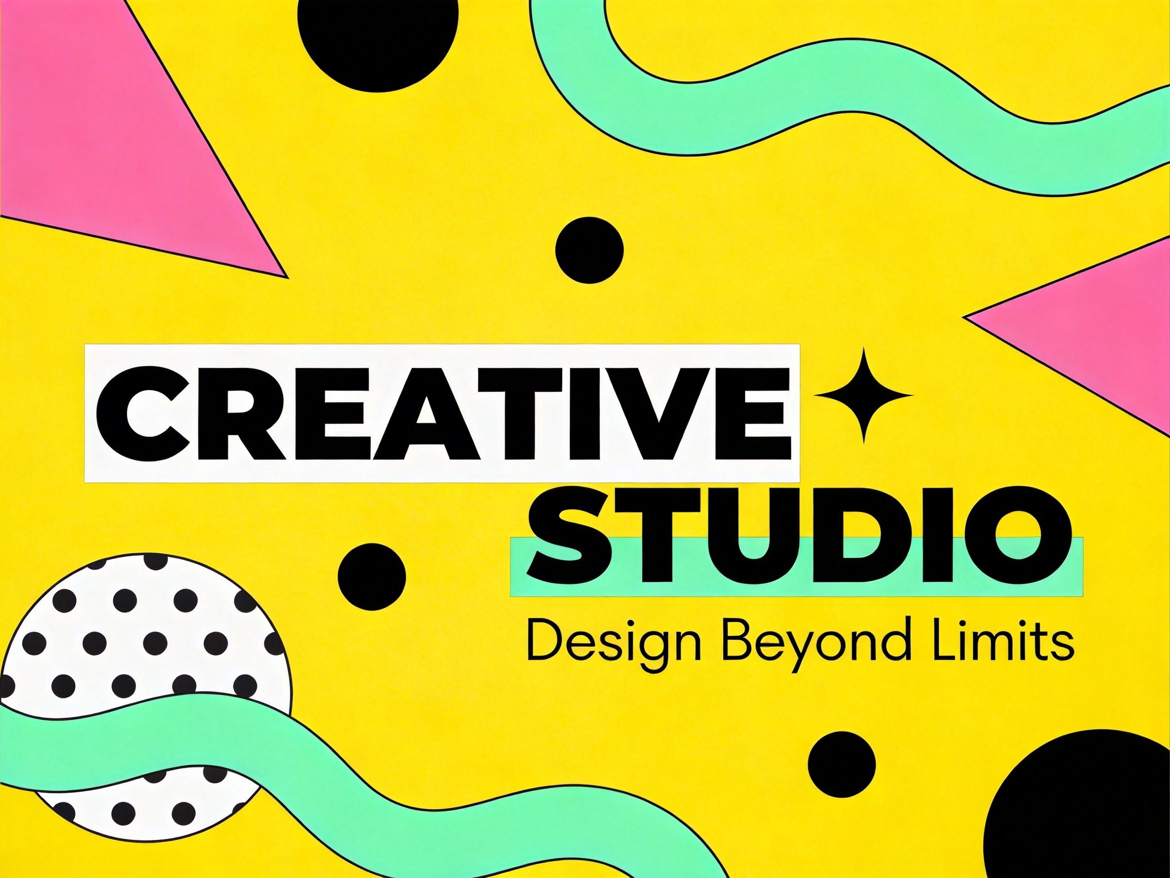 图中展示了一张采用孟菲斯设计风格的平面海报，整体色调明快活泼。背景为明亮的柠檬黄，画面中散布着多种几何元素：包括左上角和右侧边缘的粉色三角形、贯穿画面的薄荷绿波浪线、若干黑色实心圆点，以及左下角一个带有黑色波点纹理的白色圆形。画面中心是醒目的黑色加粗文字，分为两行，第一行“CREATIVE”位于白色长方形色块上，第二行“STUDIO”下方衬有薄荷绿装饰条，右侧还点缀了一个黑色四角星。最下方有一行较小的黑色副标题“Design Beyond Limits”。

从 AI 生成的角度观察，画面整体结构较为规整，但在细节处存在一些典型缺陷：左下角波点圆形的边缘与绿色波浪线交汇处线条略显生硬，不够平滑；文字“STUDIO”的字母间距略显不均，且下方绿色色块的右侧边缘切割显得有些随意，未与字母完全对齐。此外，背景的黄色调在不同区域存在极其细微的饱和度偏差，显示出算法填充的痕迹。