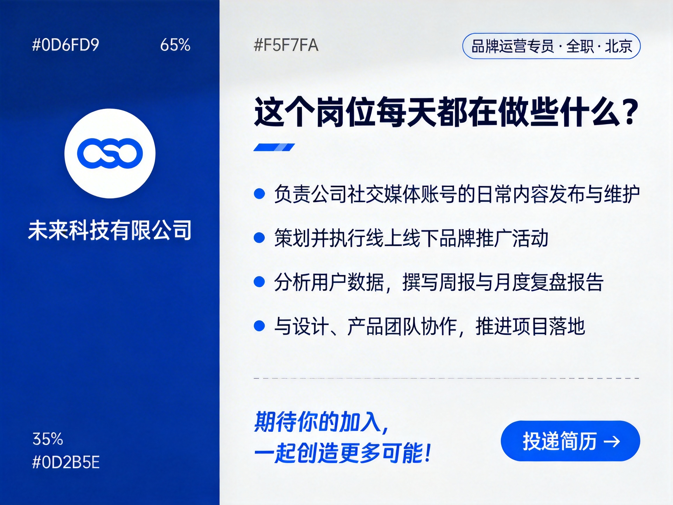 图中展示了一张以蓝色和白色为主色调的招聘海报，构图采用左右分割设计。左侧约三分之一为深蓝色背景，上方有一个白色的圆形图标，内部嵌套着蓝色的无穷大符号（类似数字8横放），下方写有“未来科技有限公司”字样。右侧约三分之二为浅灰色背景，顶部标有“品牌运营专员·全职·北京”的职位标签。主标题提问“这个岗位每天都在做些什么？”，下方列出了四项工作职责，包括社交媒体维护、品牌推广、数据分析及团队协作。底部设有蓝色的“投递简历”按钮。

画面中存在明显的 AI 生成缺陷：最显著的是顶部和底部的色值标注（如 #0D6FD9、#F5F7FA 等）与画面实际显示的颜色占比并不匹配，且这些代码直接暴露在版面上，显得突兀且不符合常规设计逻辑。此外，文字排版略显拥挤，部分笔画边缘在放大后略显模糊，具有典型的 AI 生成平面素材特征。