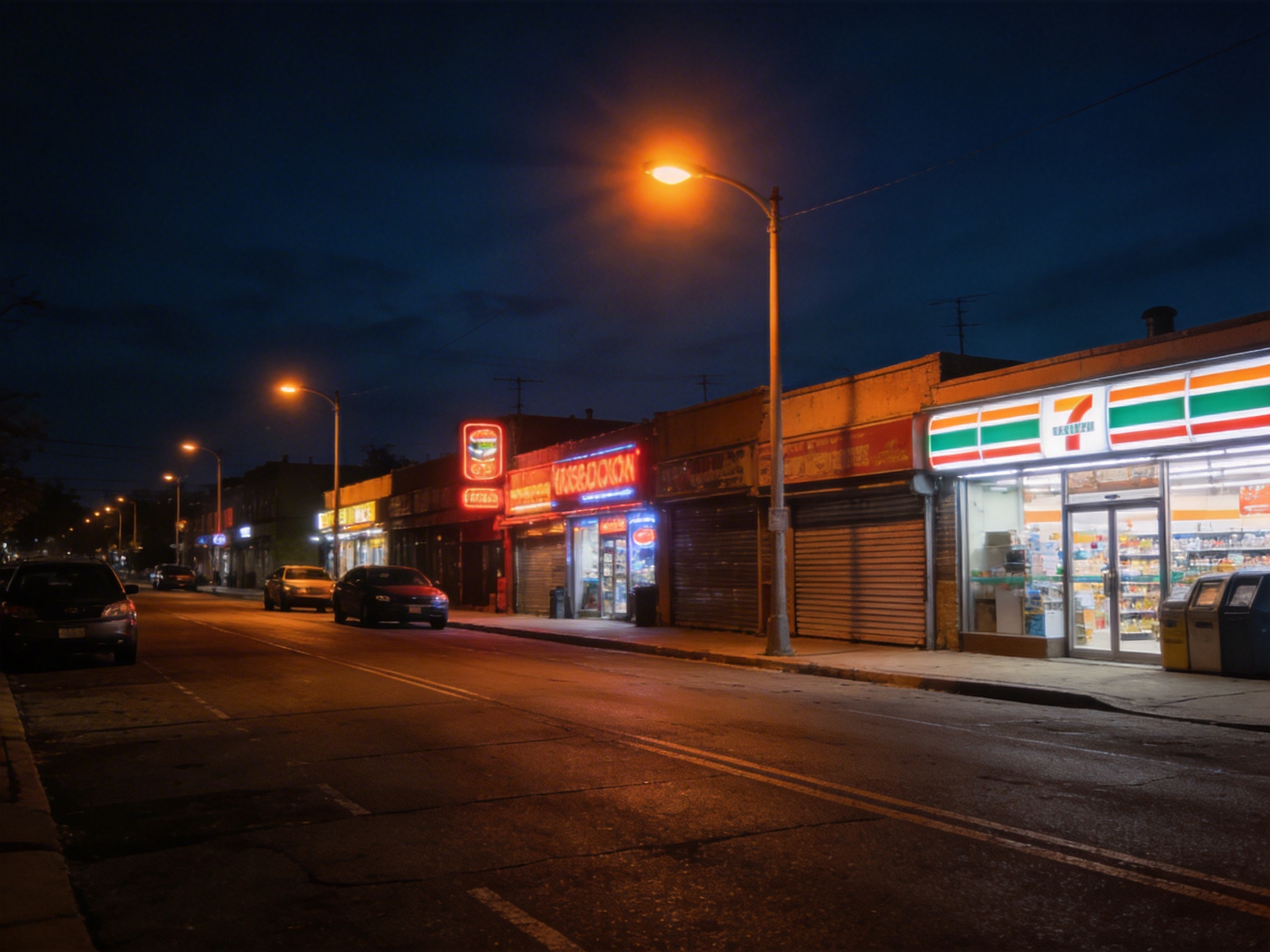 图中展示了一个宁静而略显冷清的城市街道夜景。画面右侧是一排平房店铺，最显眼的是一家灯火通明的便利店，其招牌带有红、绿、橙三色条纹，酷似 7-Eleven，但上方的文字模糊不清。便利店旁边的几家店铺大门紧闭，拉下了金属卷帘门。街道上方，一盏明亮的橙黄色路灯散发出温暖的光芒，照亮了下方的柏油马路，路面上隐约可见双黄线。马路左侧停放着几辆深色的小轿车，远处背景是深蓝色的夜空和微弱的街灯。

画面中存在明显的 AI 生成缺陷：首先，便利店招牌上的文字和标志是扭曲且无法辨认的乱码；其次，画面中部的红色霓虹灯招牌文字也呈现出无意义的笔画堆砌；此外，路灯的光影分布略显生硬，右侧便利店门口的垃圾桶形状有些模糊变形。整体构图虽然营造了深夜氛围，但细节处的文字和物体边缘处理不够自然。