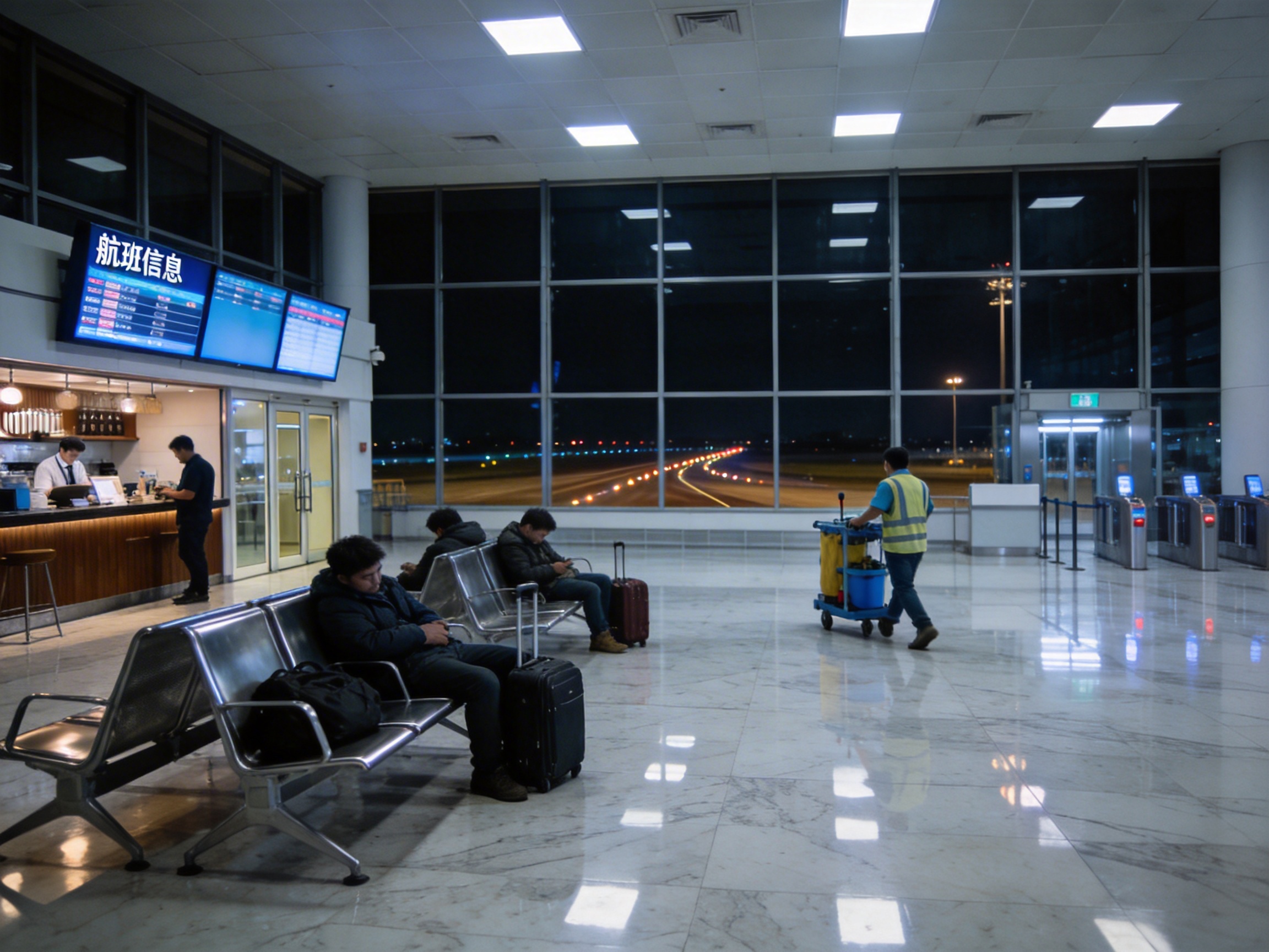 图中展示了一个夜晚的机场候机大厅，整体色调偏冷，光线明亮。画面中心是巨大的落地窗，窗外可以看到夜色下亮着橙色跑道灯的机场跑道。室内左侧有一个写着“航班信息”蓝色大字的显示屏，下方是一个咖啡柜台。几名旅客坐在银色的金属长椅上休息，其中一人正低头打盹，身旁放着黑色行李箱。右侧一名穿着黄色反光背心的清洁工正推着蓝色清洁车走过。

这张图片存在明显的 AI 生成缺陷：首先，左侧显示屏上的“航班信息”四个汉字笔画扭曲，并非标准字体；其次，画面最左侧柜台后的工作人员手部结构模糊，且其操作的设备外形怪异。最明显的逻辑错误在于，落地窗外的跑道透视关系异常，灯光线条在远处汇聚的方式不符合物理空间逻辑。此外，地面的倒影与天花板的灯光位置并不完全对应，右侧的闸机区域细节也显得破碎且不完整。