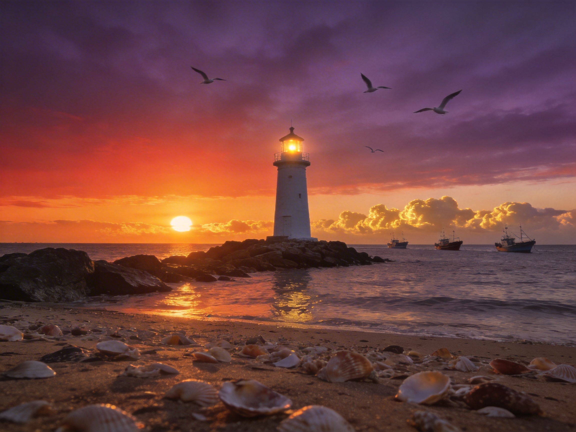 图中展现了一幅壮丽的海边日落景象。画面中央是一座白色的灯塔，矗立在延伸入海的礁石堆上，塔顶散发出温暖的金黄色光芒。背景是色彩浓郁的天空，左侧呈现炽热的橘红色，右侧则过渡为深邃的紫色，几只海鸥在云层间飞翔。海面上停泊着三艘渔船，远处云朵边缘被夕阳染成金色。前景是一片沙滩，上面散落着许多贝壳，夕阳的余晖在湿润的沙滩和海面上映照出粼粼波光。

画面中存在一些明显的 AI 生成缺陷：首先，灯塔顶部的光源与左侧太阳的位置在光影逻辑上略显冲突，且灯塔结构略显歪斜。其次，天空中飞翔的海鸥形态不够自然，部分翅膀线条模糊或结构缺失。最明显的异常在于前景的贝壳，它们的分布过于密集且透视感不统一，部分贝壳似乎悬浮在沙滩表面，缺乏真实的阴影衔接，且贝壳的纹理在放大后显得杂乱无章。此外，海面上的渔船细节较为模糊，与整体环境的融合度欠佳。