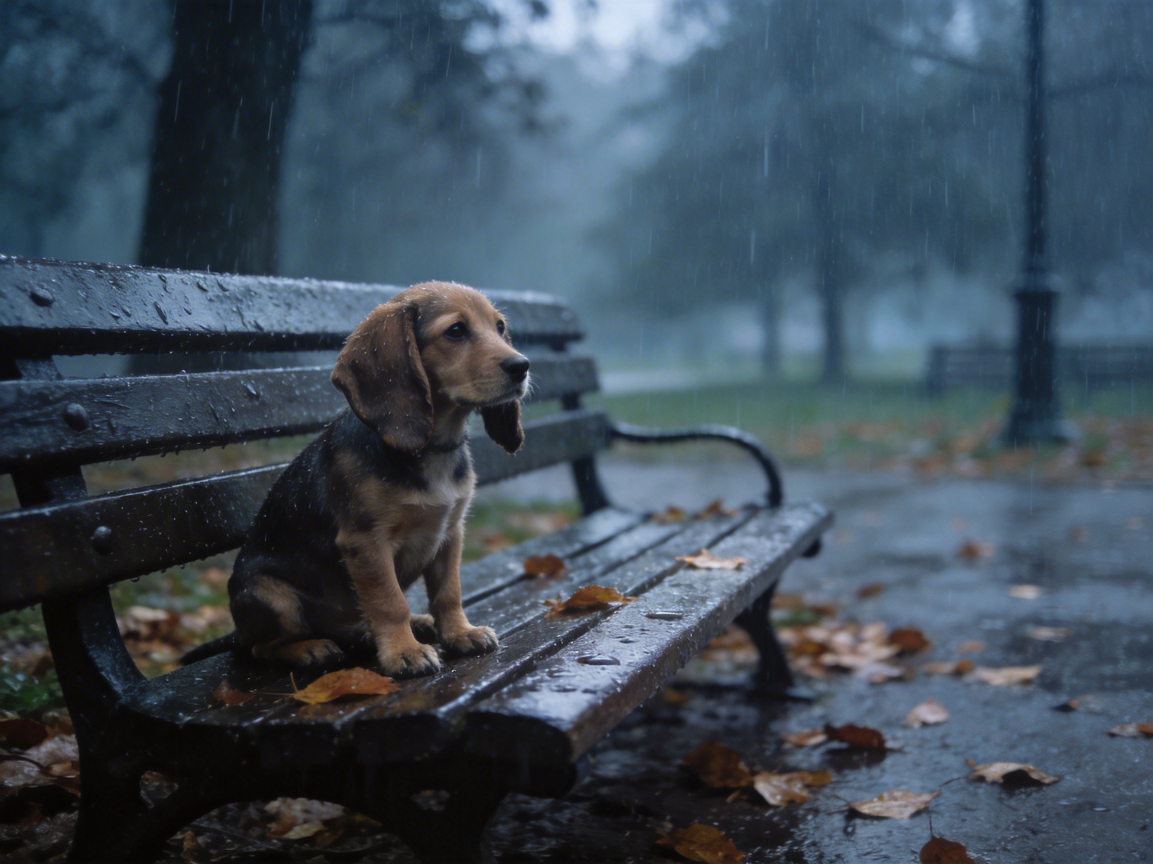 图中展现了一个略显忧郁的雨天场景。一只棕黑相间的小猎犬幼犬正孤零零地坐在一张湿漉漉的深色木质公园长椅上。背景是模糊的公园绿地，笼罩在冷调的灰蓝色雨雾中，地面散落着几片枯黄的落叶。小狗有着长长的垂耳，眼神凝视着远方，毛发看起来因雨水而变得湿润。画面构图采用侧向视角，长椅从左前方延伸至右后方。在 AI 生成的细节方面，存在一些明显的逻辑缺陷：小狗坐着的位置，其身体下方的长椅木条纹理显得模糊且不连贯；长椅右侧的金属扶手在延伸过程中出现了结构断裂，未能自然地连接到椅背或座面上；此外，背景中的雨丝分布过于均匀且垂直，缺乏真实风力带来的倾斜感，远处的路灯柱边缘也显得有些虚幻。