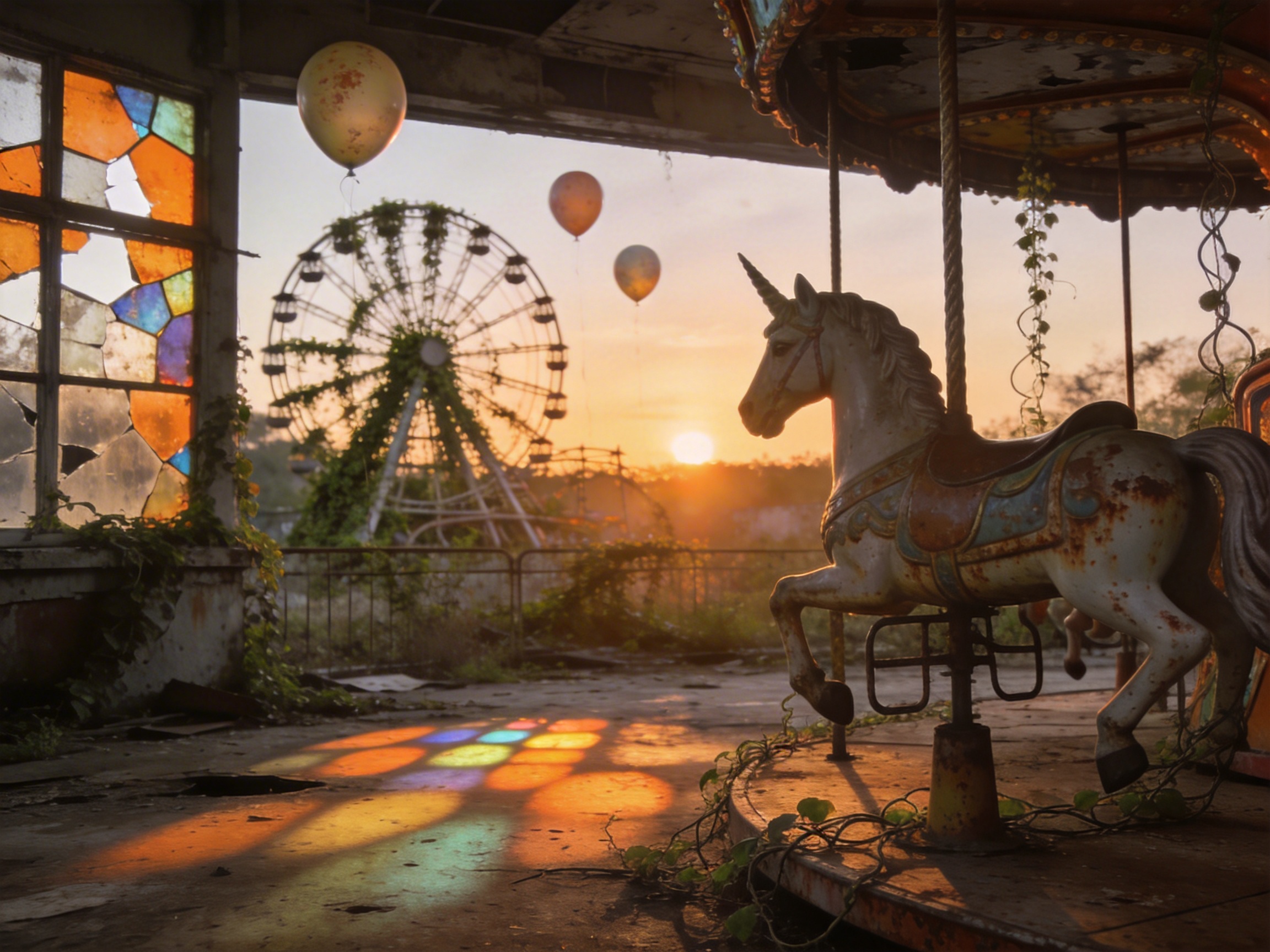 图中展现了一个被废弃游乐园的室内外景观，呈现出一种凄凉而唯美的末世氛围。画面右侧是一匹斑驳生锈的旋转木马独角兽，它静静地立在阴影中，身上缠绕着枯萎的藤蔓。左侧是一扇破碎的彩色玻璃窗，夕阳穿过橙色和蓝色的玻璃碎片，在破旧的水泥地面上投射出五彩斑斓的光斑。背景中，一座巨大的摩天轮被绿色植被覆盖，三只孤零零的气球漂浮在温暖的夕阳余晖中。整幅画作以暖橙色和深褐色为主调，构图深邃。在 AI 生成的细节方面，存在明显的逻辑缺陷：画面左上角的气球没有任何线条牵引，却违背物理常识地悬浮在室内天花板下方；旋转木马独角兽的支撑杆与底座连接处结构模糊，且独角兽后方的支撑架形状扭曲，不符合机械结构逻辑；此外，远景摩天轮的钢架线条在植被缠绕下显得有些破碎和不连贯。