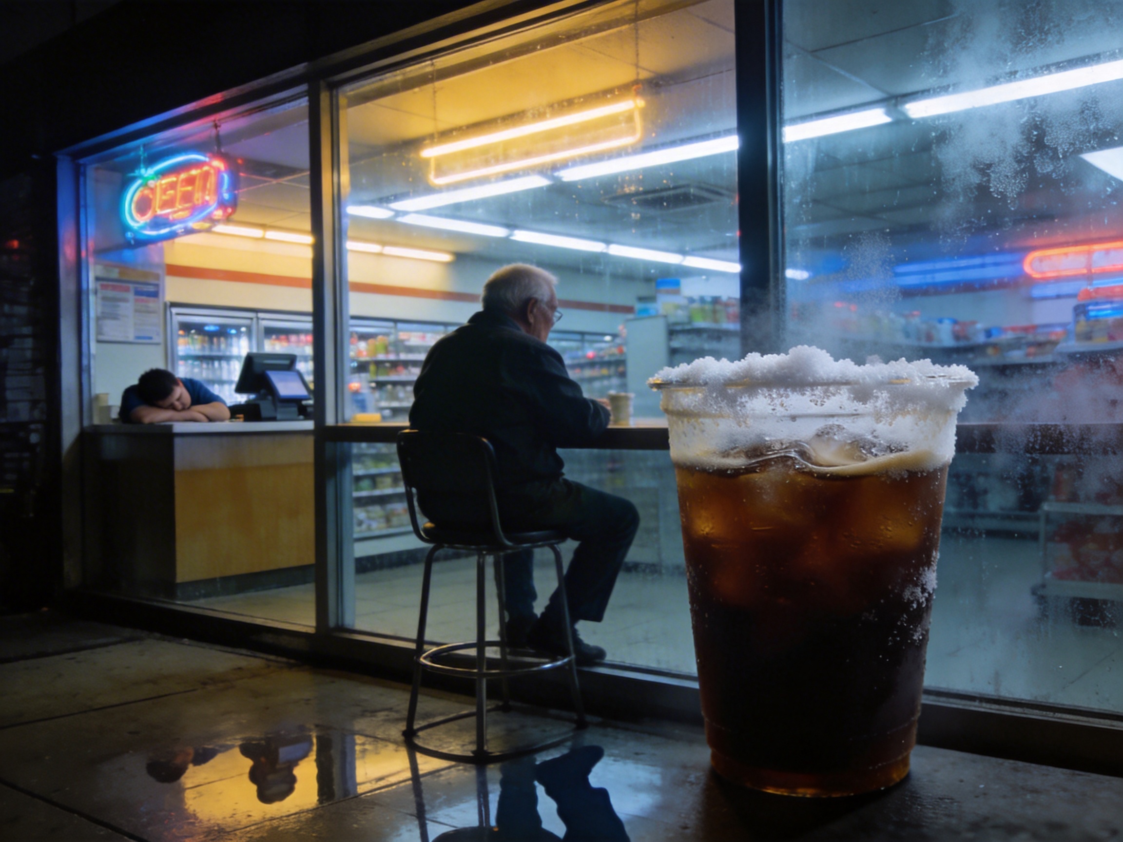 图中展现了一个深夜便利店的室内外场景，构图采用了虚实结合的奇幻视角。画面右侧前景是一个巨大的、充满冰块的深褐色可乐杯，杯口覆盖着厚厚的白色积雪或冰晶，正冒着寒气，其体积比例异常，几乎占据了半个画面。透过便利店巨大的玻璃窗，可以看到室内灯光昏暗且偏黄，一名白发老人的背影正坐在高脚凳上，面对窗户。背景左侧的收银台后，一名店员正趴在桌上睡觉。室内挂着蓝红相间的霓虹灯牌，地面因潮湿倒映着灯光。这张图片存在明显的 AI 生成缺陷：最显著的是比例失调，前景的饮料杯相对于人物和建筑显得过于巨大，且杯子似乎直接穿透了玻璃窗或悬浮在窗台边缘；左侧霓虹灯牌上的文字模糊且无法辨识；老人的腿部与高脚凳的结构连接处显得生硬且透视不自然；此外，杯口的积雪质感与环境格格不入，呈现出一种超现实的违和感。