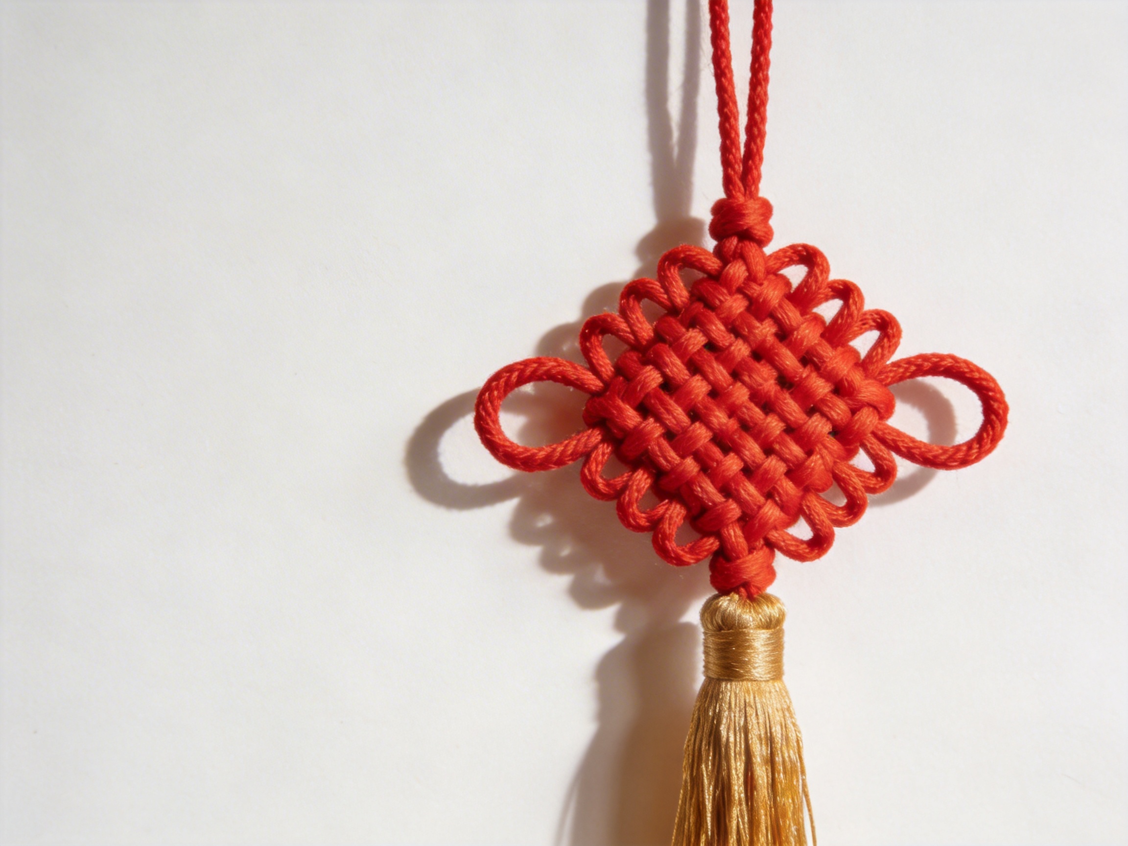 图中展示了一个悬挂在白色背景前的红色中国结。这个中国结位于画面的右侧，由鲜红色的粗绳编织而成，中心呈现出复杂的菱形交织结构，边缘带有多个圆润的环状装饰。中国结的下方垂挂着一束金黄色的丝质流苏，流苏质感顺滑，在光线下闪烁着金属般的光泽。光线从右前方照射，在白色的背景墙面上投射出清晰的深色阴影，增强了物体的立体感。

作为一张 AI 生成的图片，画面中存在明显的逻辑缺陷：首先，中国结中心的编织纹理并不符合现实中的物理穿插规律，绳索的走向在交汇处显得混乱，甚至出现了绳子凭空断裂或融合的现象；其次，左侧和右侧的环状装饰并不对称，左侧的环显得比右侧更大且形状扭曲；最后，顶部的挂绳只有单根向上延伸，缺乏真实的受力点和悬挂逻辑。
