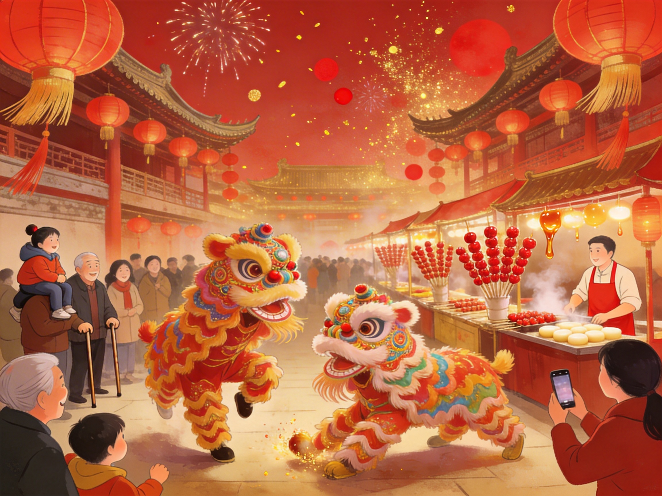 图中描绘了一个热闹非凡的中国传统春节庙会场景，整体色调以喜庆的红色和金黄色为主。画面中央有两只色彩斑斓、装饰华丽的舞狮正在欢快对戏，周围环绕着围观的群众，包括骑在大人肩上的孩子和拄着拐杖的老人，每个人脸上都洋溢着幸福的笑容。背景是古色古香的建筑，挂满了大红灯笼，天空中绽放着璀璨的烟花和飘落的金箔。右侧是一个热闹的小吃摊位，摆放着红彤彤的冰糖葫芦和冒着热气的点心。

画面中存在明显的 AI 生成缺陷：左侧拄拐杖老人的手部线条模糊，且拐杖的支撑点与地面接触位置显得生硬；右侧摊位上方的冰糖葫芦形状不规则，部分竹签悬空；右下角女子拿手机拍照的手指结构异常，手机屏幕内容模糊不清；背景中远处的路人五官缺失，呈现出扭曲的色块；此外，天空中红色的圆形光斑分布略显突兀，缺乏自然的透视感。