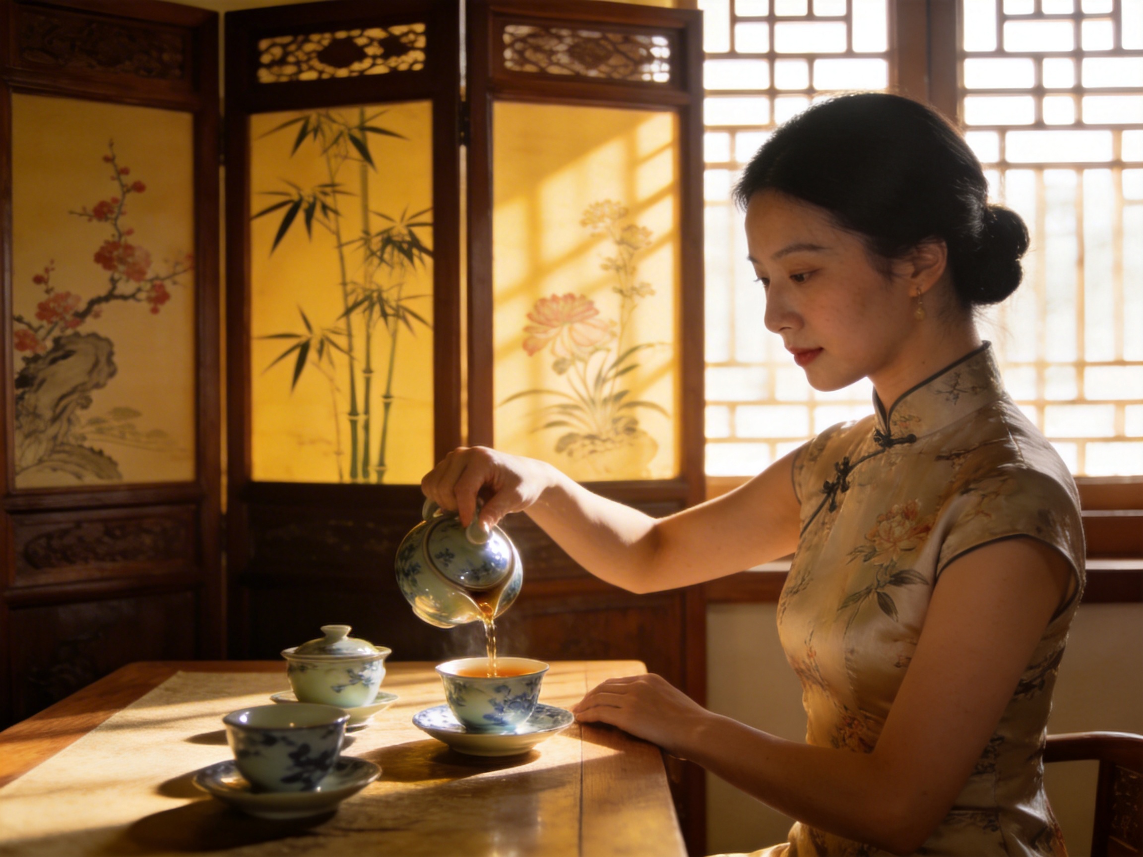 图中展现了一个充满古色古香韵味的室内茶室场景。一位挽着发髻、身着浅金色花卉旗袍的年轻女性正侧坐在木桌旁，神情专注地提壶斟茶。背景是透着暖黄阳光的木质格栅窗和一副绘有梅兰竹石的屏风，营造出宁静典雅的氛围。画面色调以温暖的橘黄色为主，光影错落有致。

然而，画面中存在明显的 AI 生成缺陷：最显著的是女性提壶的右手，手指结构严重畸形，指节数量和连接方式不符合人体构造，且手部与壶盖的接触显得生硬不自然。此外，茶壶倾倒出的茶水流向与壶嘴的位置略有偏移，桌面上左侧茶杯的杯盖边缘也显得有些模糊变形。尽管整体构图优美，但这些细节处的逻辑错误揭示了其 AI 生成的本质。