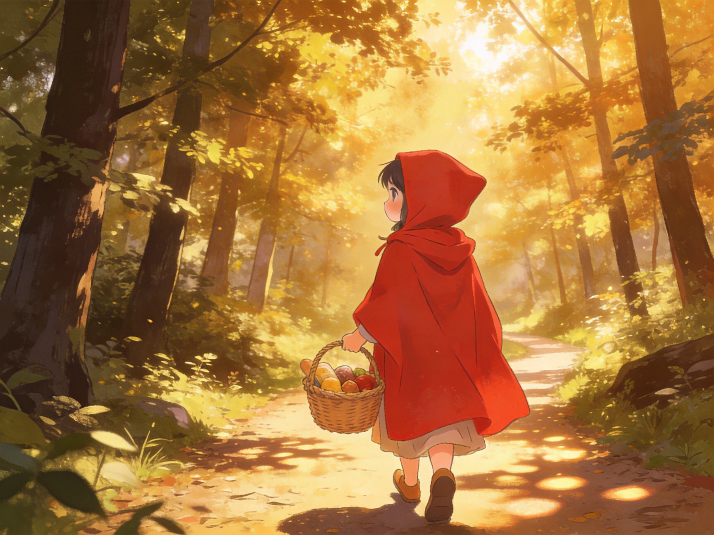 图中展现了一个充满童话色彩的森林场景。一位身披鲜艳红色连帽斗篷的小女孩正背对着我们，走在一条蜿蜒的林间小路上。她右手提着一个编织竹篮，篮子里装满了面包和红色的苹果。阳光穿过茂密的树叶，将整个森林染成了温暖的金黄色，地面上洒满了斑驳的光影。画风类似于温馨的日本动画，色彩明亮且富有层次感。

在 AI 生成的细节方面，存在一些明显的逻辑缺陷：首先，小女孩提篮子的右手结构异常，手指显得模糊且与篮柄的连接处不自然，缺乏真实的握持感。其次，她左脚的鞋子形状略显扭曲，与右脚的透视关系不太协调。此外，背景中部分树枝的生长方向显得杂乱，有些树干在光影交汇处出现了结构断层，这些都是 AI 在处理复杂光影和人体结构时常见的瑕疵。尽管如此，画面整体依然传达出一种宁静而美好的氛围。