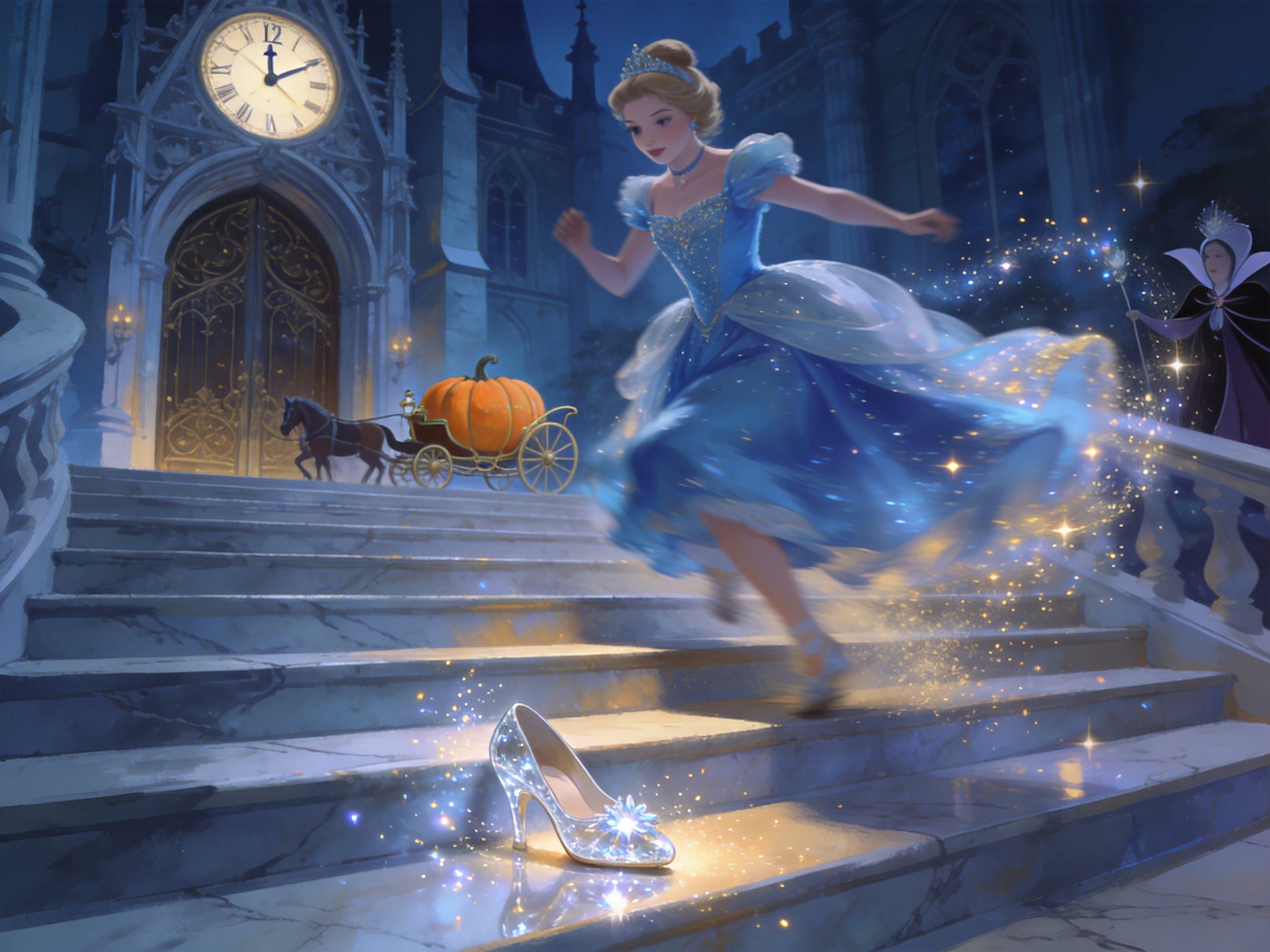 图中描绘了灰姑娘在午夜钟声响起时匆忙逃离城堡的经典场景。画面中心，灰姑娘身着华丽的蓝色亮片礼服，正从大理石台阶上飞奔而下，裙摆在风中飘扬并散发出金色光点。台阶的前景处留有一只闪闪发光的水晶鞋。背景是一座宏伟的哥特式城堡，大门上方巨大的时钟指向十二点，旁边停着一辆南瓜马车。画面右侧，神仙教母正挥动魔杖。整体色调以深蓝色和金黄色为主，营造出梦幻而急促的氛围。在 AI 生成细节方面，存在明显的逻辑缺陷：灰姑娘在奔跑中左脚仍穿着一只鞋，但台阶上落下的却是一只右脚鞋，且其奔跑的姿态与脚部动作显得有些僵硬模糊。此外，背景中南瓜马车的轮子结构略显简陋，与马匹的连接比例不够自然。