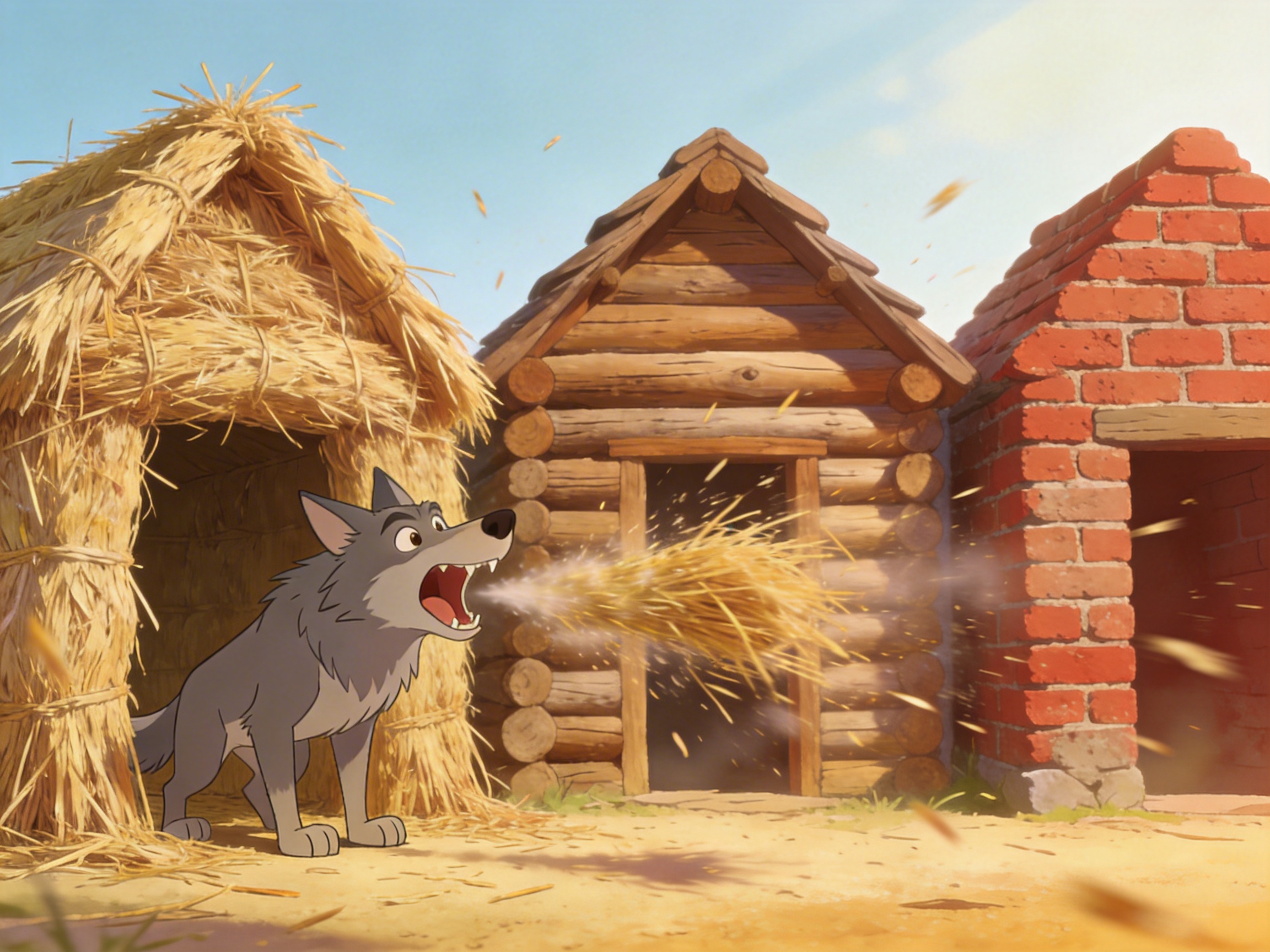 画面中呈现了一个基于童话故事《三只小猪》的卡通场景。在明亮的阳光下，并排排列着三座不同材质的小房子：左边是金黄色的草屋，中间是棕色的木屋，右边是红色的砖屋。一只灰色的卡通大灰狼站在草屋前，张大嘴巴做出吹气的动作，一股白色的气流夹杂着碎草正从它口中喷出，吹向木屋的方向。整体色调温暖，光影柔和，具有典型的现代动画风格。

在 AI 生成的细节方面，存在一些明显的逻辑和结构缺陷。首先，大灰狼的后腿结构异常，左后腿与身体的连接处显得生硬且透视不合理。其次，大灰狼吹出的气流中夹杂的稻草像是凭空产生的，并没有表现出草屋被吹散的物理过程。此外，中间木屋的门框线条略显扭曲，右侧砖屋的砖块纹理在边缘处显得模糊且不规则，缺乏真实建筑的严谨感。尽管如此，画面的叙事性依然非常清晰。