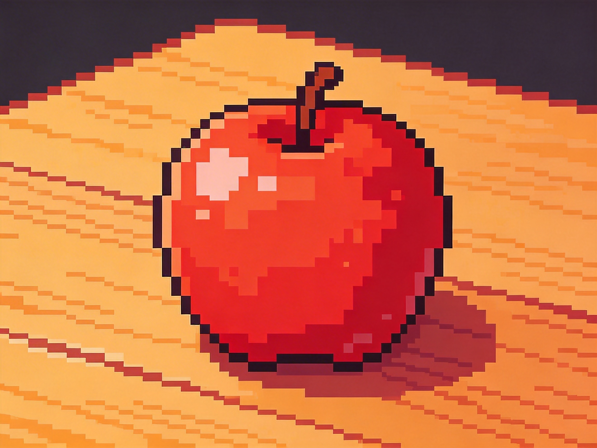 图中展示了一个采用复古像素艺术风格绘制的红苹果。这个苹果位于画面中央，呈现出鲜艳的红色，并带有深红色的阴影和白色的高光，增强了体积感。苹果上方有一根深褐色的短柄。它静置在一个由橙黄色调组成的平面上，背景呈现出深紫色。画面构图简洁，光影对比明显，苹果右下方投射出一块深色的像素化阴影。

作为一张 AI 生成的像素风格图片，画面中存在一些明显的逻辑缺陷：首先，苹果底部的轮廓线并不平整，出现了不自然的凹陷和断裂。其次，背景平面的像素线条分布非常杂乱且不规则，缺乏真实像素画应有的严谨网格结构，部分色块边缘出现了模糊的过渡，这与像素艺术追求的清晰颗粒感相悖。此外，苹果左侧的边缘线条粗细不一，显示出 AI 在模拟特定艺术风格时对线条一致性的掌控不足。