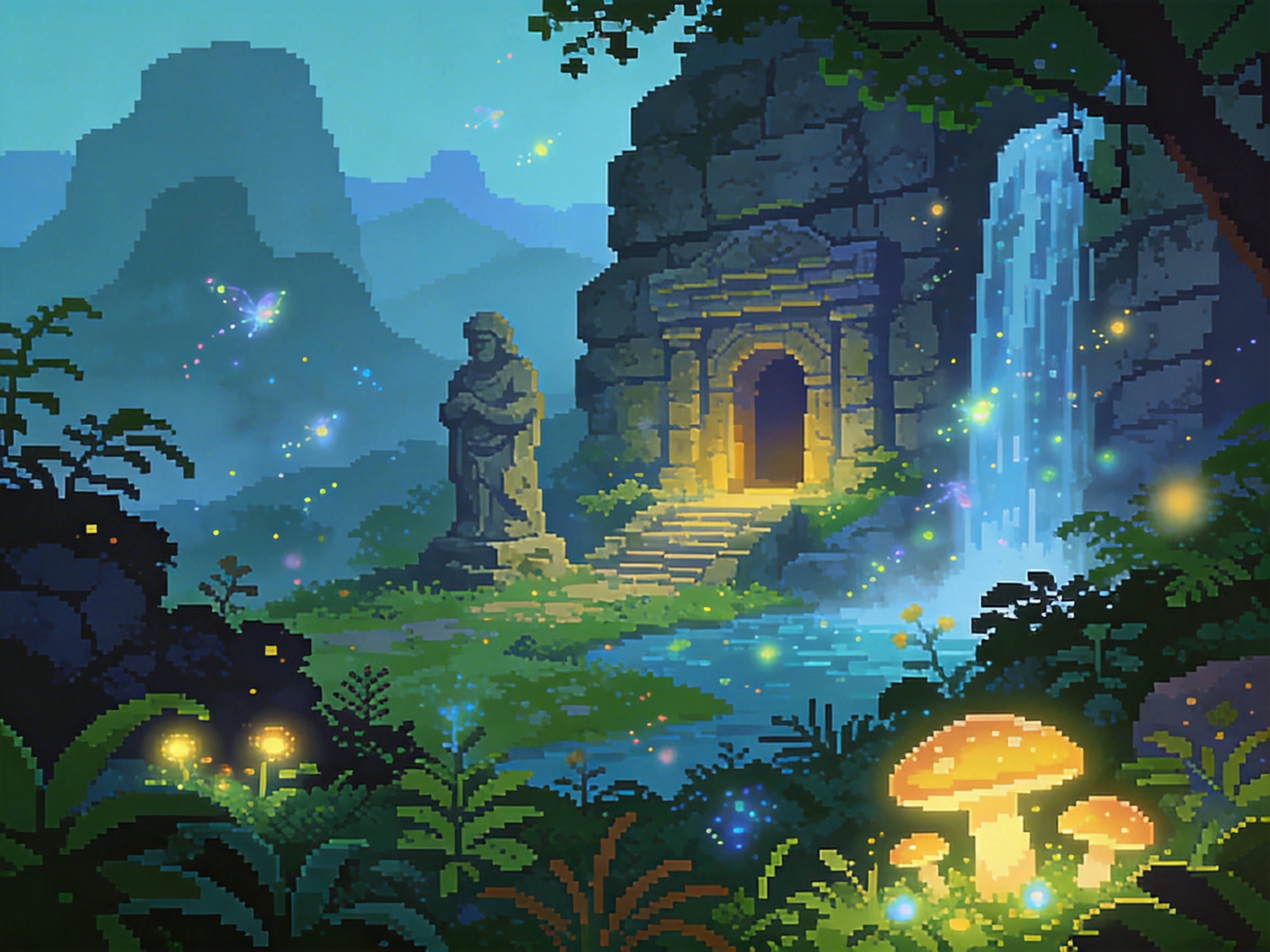 图中展现了一幅充满奇幻色彩的像素风格画作。画面中心是一座由巨石砌成的古老遗迹入口，门洞内散发出温暖的橘黄色光芒。入口左侧立着一尊神情肃穆的石质雕像，右侧则有一道清澈的瀑布垂落至前方的蓝色水潭。前景点缀着发光的黄色蘑菇和各类繁茂的像素植被，天空中飘浮着闪烁的萤火虫和半透明的彩色蝴蝶。背景是层峦叠嶂的青蓝色远山，整体色调以幽静的深绿和湖蓝为主，营造出一种神秘而宁静的森林秘境氛围。在 AI 生成的细节方面，画面存在一些逻辑瑕疵：右侧瀑布的水流线条略显杂乱，与水潭交汇处的透视关系不够自然；左侧石像的轮廓边缘在像素化处理下显得有些模糊，且部分发光点的分布过于随机，缺乏明确的光源逻辑。