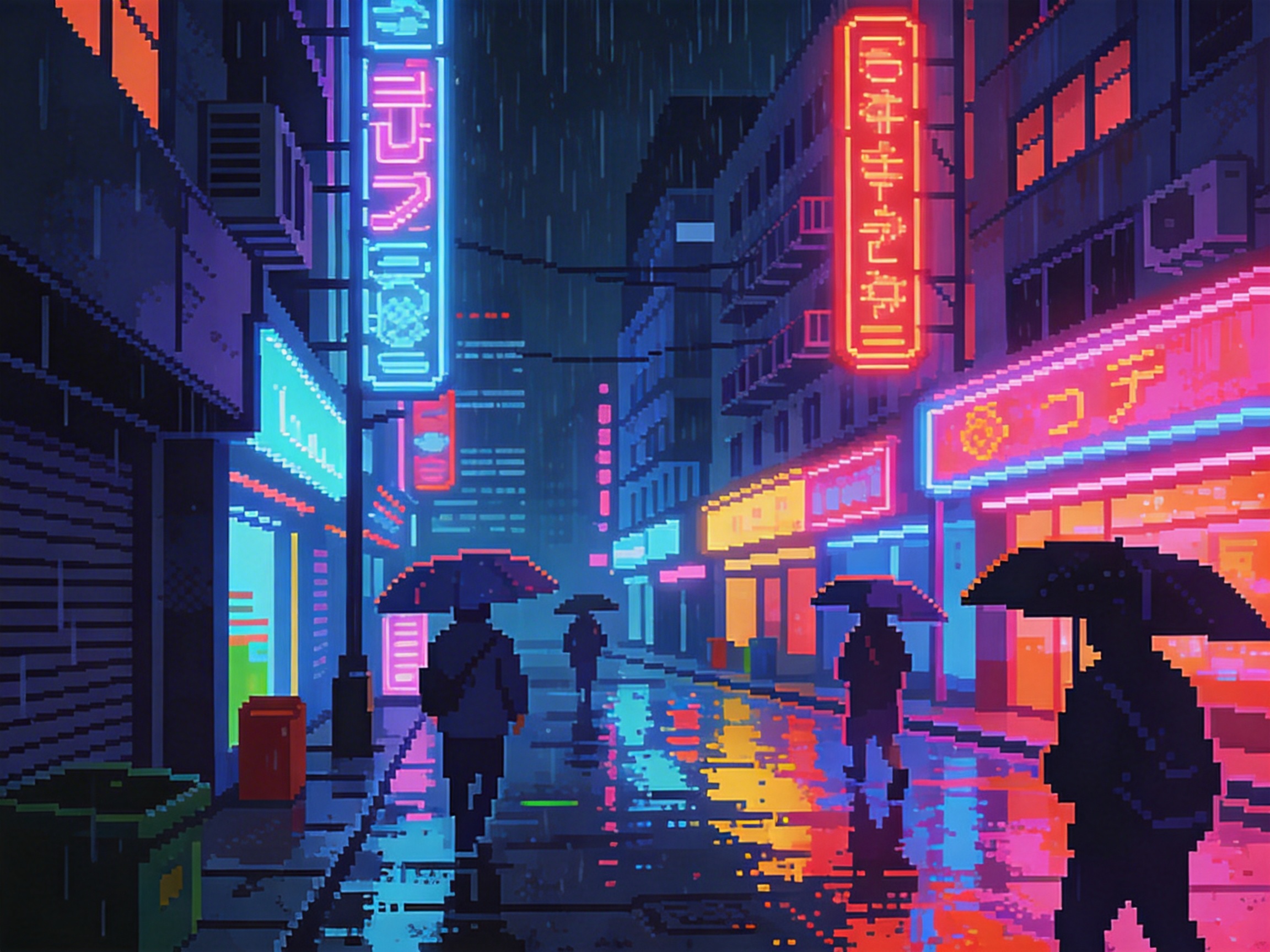 图中展现了一个充满赛博朋克风格的雨夜街景，采用了复古的像素艺术风格。画面中心是一条向远方延伸的街道，两侧矗立着密集的建筑。街道被五彩斑斓的霓虹灯招牌点亮，主要色调为明亮的粉色、蓝色、紫色和橙色，这些灯光倒映在湿漉漉的地面上，形成了绚丽的色彩斑块。画面中有几位打着黑伞的行人正背对着镜头向街道深处走去，他们的身影呈现为深色的剪影。天空中下着细密的雨，由无数垂直的浅色短线表示。

作为一张 AI 生成的像素风图片，画面存在一些明显的逻辑缺陷：首先，两侧建筑上的霓虹灯文字虽然看起来像日文或汉字，但实际上是无法辨认的乱码符号，缺乏真实的语义；其次，右侧前景中行人的雨伞边缘与背景灯光的衔接处存在像素溢出，显得不够自然；此外，街道远处的透视关系略显混乱，建筑物的层叠感在像素化处理下显得有些破碎，部分电线在空中的连接逻辑也不够清晰。