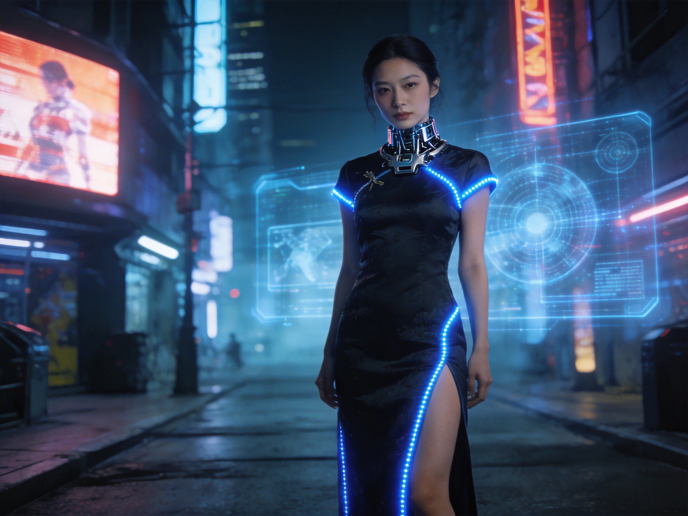 画面中展现了一位融合了赛博朋克风格与中国传统元素的年轻女性，她站在一条充满未来感的深夜都市街道中央。女子身穿一件黑色绸缎旗袍，旗袍边缘镶嵌着发光的蓝色 LED 灯带，颈部佩戴着厚重的银色机械颈饰。她的身侧悬浮着两块半透明的蓝色全息投影屏幕，上面显示着复杂的雷达图和数据。背景是模糊的霓虹街景，充斥着蓝、红色的灯光和广告牌，地面湿漉漉的，反射着微光。

在 AI 生成细节方面，画面存在一些明显的逻辑缺陷：女子左侧的全息屏幕边缘穿透了她的手臂，缺乏真实的遮挡关系；她的双手手指显得有些僵硬且比例不自然，尤其是垂下的右手，指尖细节模糊。此外，背景广告牌上的文字和图案呈现出无意义的扭曲，左侧远处的路灯杆与建筑物的衔接也显得有些生硬，体现了典型的 AI 渲染痕迹。