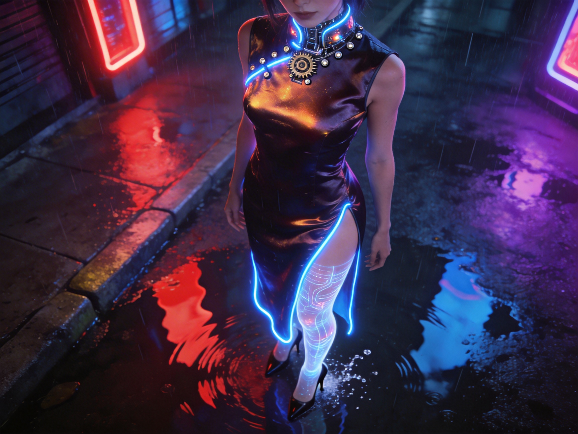 图中展示了一位具有赛博朋克风格的女性，她正站在雨夜中积水的街道上。画面采用俯视视角，背景是充满霓虹灯光的暗调巷弄，红色和蓝色的灯光倒映在潮湿的地面和水洼中，营造出一种科幻电影般的氛围。女性穿着一件深色的改良旗袍，旗袍边缘镶嵌着发光的蓝色灯带，领口处有精密的金属齿轮和发光元件。她的左腿穿着一条带有白色电路纹理的发光丝袜，脚踩黑色高跟鞋，正踏在泛起涟漪的水洼里。

在 AI 生成细节方面，存在一些明显的逻辑缺陷：首先是人物的手部处理不自然，尤其是画面右侧的手指显得过于细长且结构模糊；其次，人物右脚（画面左侧）在水中的倒影与实体位置不完全匹配，且左脚丝袜的发光效果与环境光线的遮挡关系略显生硬；此外，背景中的霓虹灯牌边缘有轻微的重影和不规则的噪点，这些都是 AI 在处理复杂光影和人体末梢时常见的瑕疵。