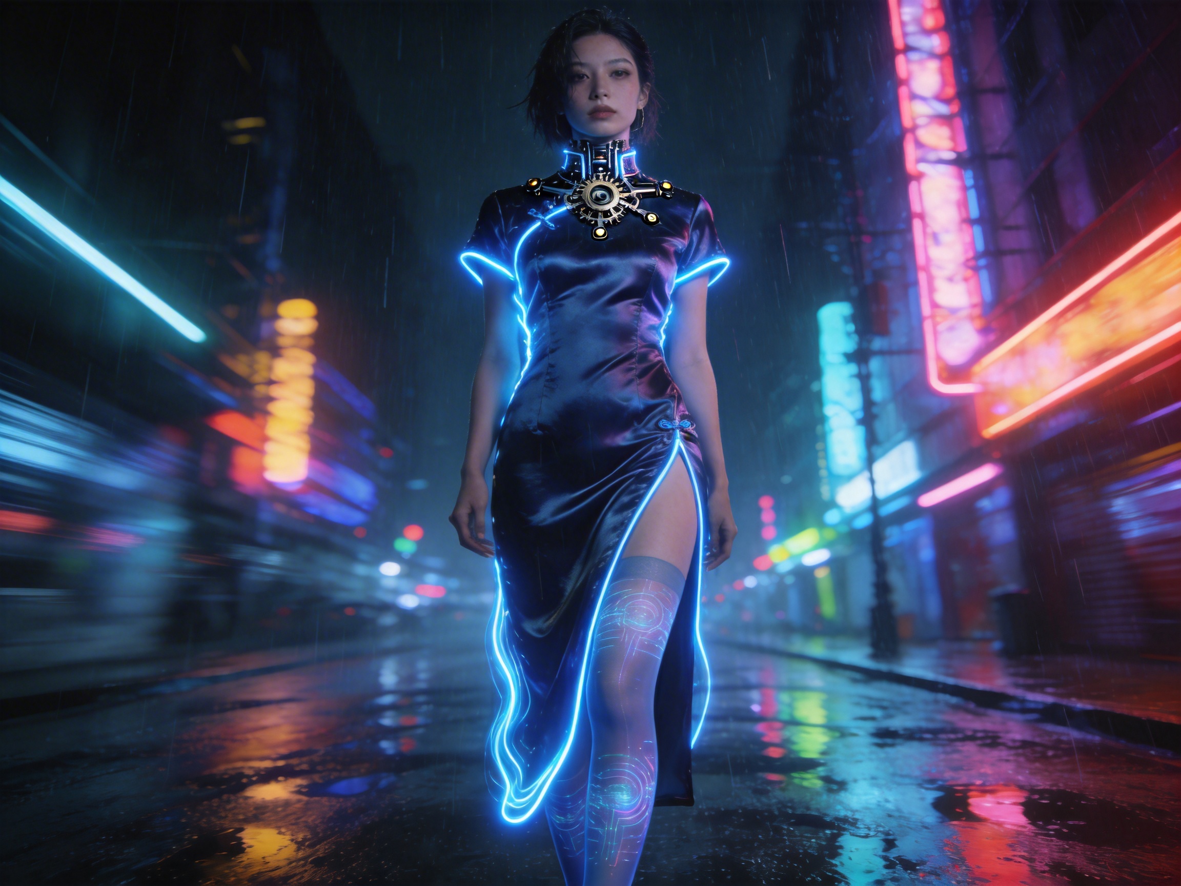 画面中展示了一位极具赛博朋克风格的亚洲女性，正行走在细雨绵绵的深夜街道中心。她身穿一件深蓝色绸缎质感的改良旗袍，旗袍边缘环绕着明亮的蓝色荧光线条，领口处装饰着复杂的金色机械齿轮构件。她的一条腿迈出高开叉的裙摆，腿上穿着带有发光电路纹理的半透明长袜。背景是充满科幻感的都市街道，两侧矗立着模糊的霓虹灯牌，散发出红、蓝、黄色的光影，地面湿漉漉的，倒映着绚丽的灯光。构图采用中心对称，利用街道的延伸感营造出一种电影大片的氛围。

在 AI 生成缺陷方面，最明显的异常出现在人物的手部：画面右侧（人物的左手）手指显得过于细长且关节扭曲，指尖形状模糊；画面左侧（人物的右手）手指数量和结构也存在逻辑错误，看起来像是一团模糊的肉色。此外，背景中的霓虹灯牌文字完全无法辨认，属于典型的 AI 乱码，且旗袍边缘的荧光线条在某些转折处显得不够自然，与布料的褶皱结合略显生硬。