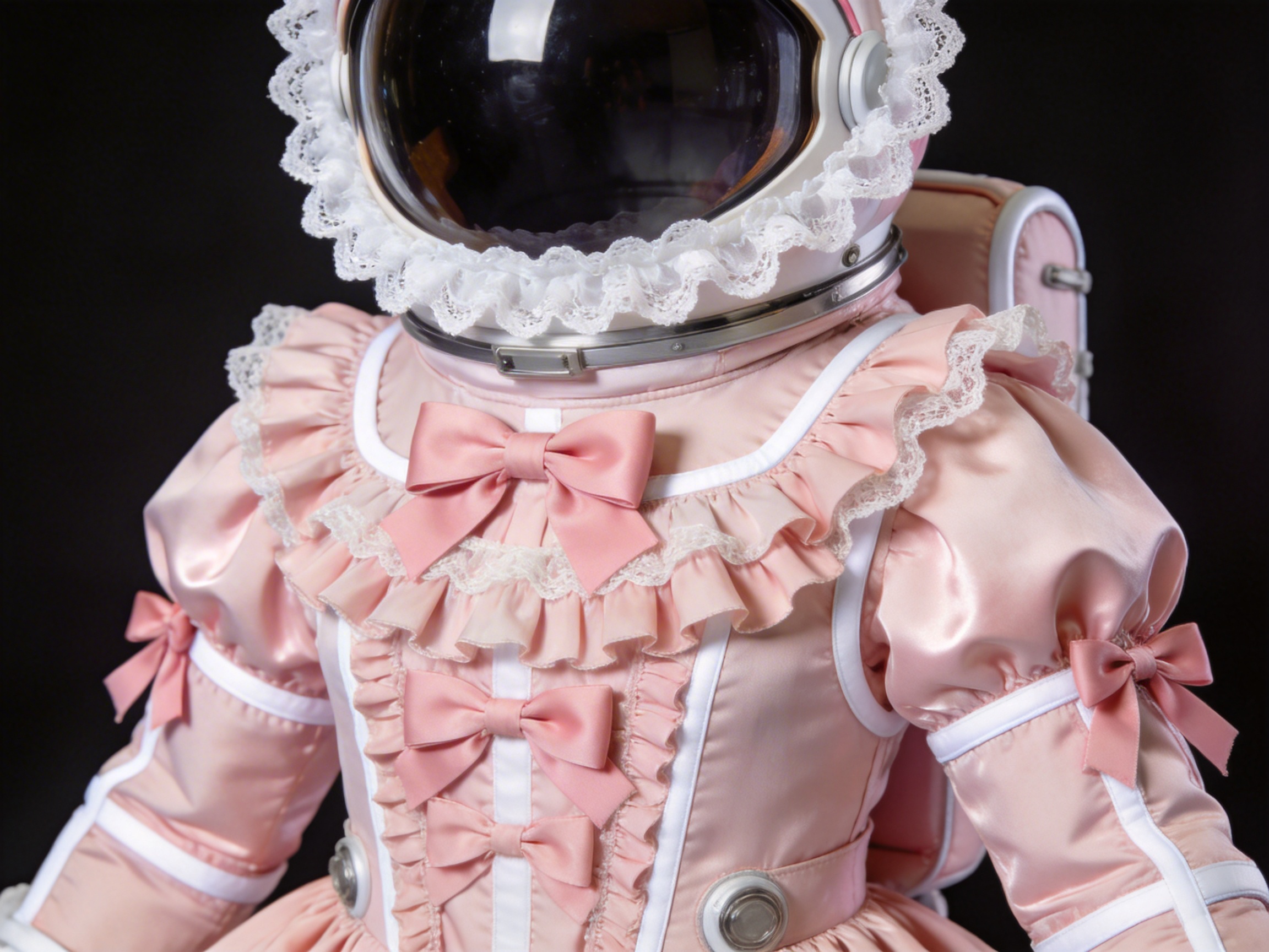 图中展示了一件极具创意且风格独特的粉色洛丽塔风航天服，背景为纯黑色，使主体非常突出。这套服装将硬核的航天装备与甜美的少女元素相结合，头盔边缘围了一圈精致的白色蕾丝花边，面罩呈深色半透明状。航天服的主体由粉色绸缎质感的材料制成，胸前点缀着三个粉色蝴蝶结，并配有大量的褶边和蕾丝装饰。双臂处也各有蝴蝶结装点，腰间隐约可见航天服特有的金属连接环。画面构图为中景特写，色彩柔和。在 AI 生成的细节方面，可以观察到头盔顶部的蕾丝纹理略显模糊且分布不均，左侧袖子上的白色线条与蝴蝶结的穿插逻辑不够自然，部分褶皱的阴影处理显得有些生硬，缺乏真实布料的物理垂坠感。