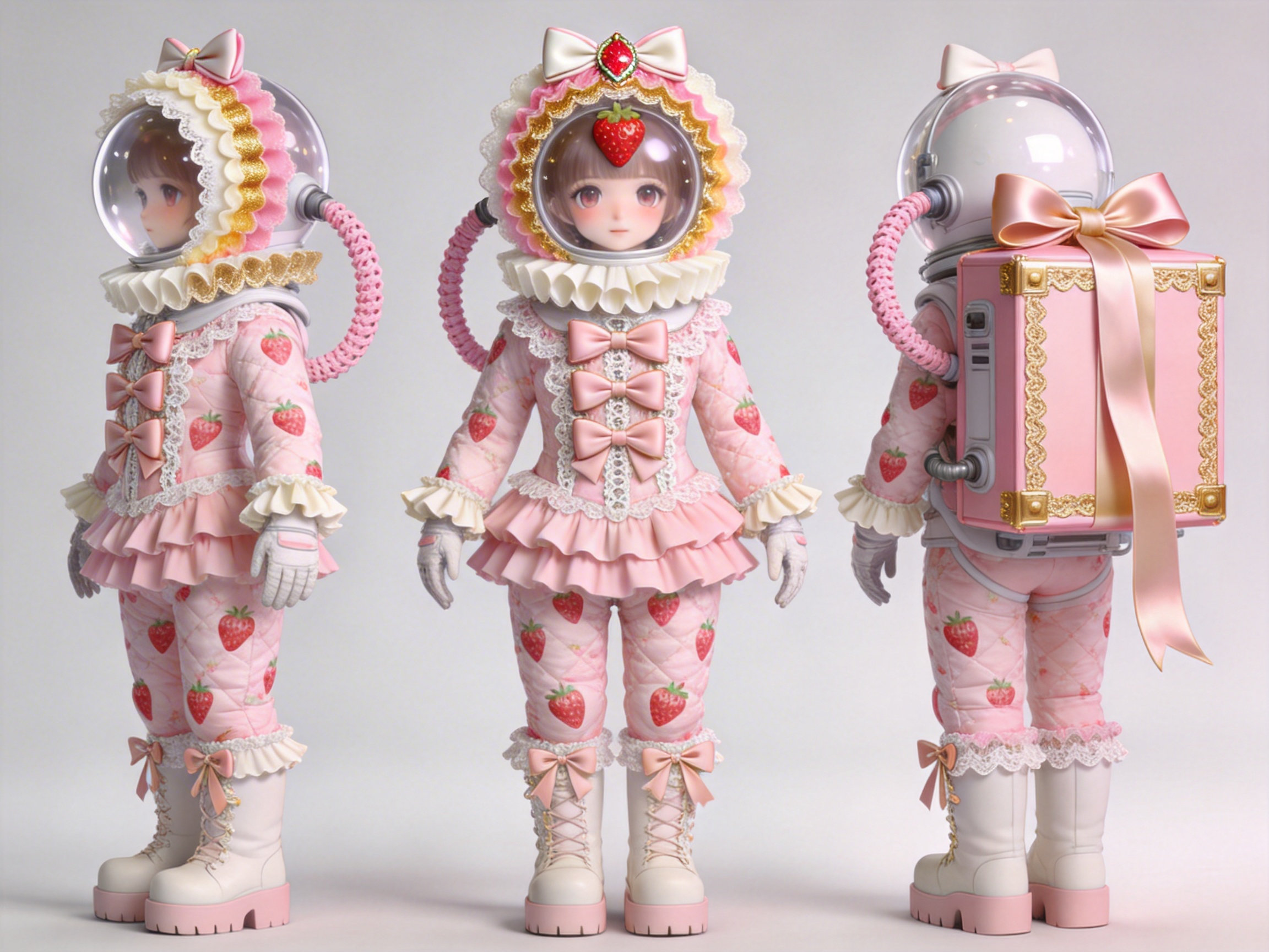 画面中展示了一个穿着草莓主题宇航服的可爱女孩形象，分别从侧面、正面和背面三个角度呈现，背景为纯净的浅灰色。这套宇航服融合了洛丽塔风格，主色调为粉色和白色，上面布满了红色的草莓图案。女孩戴着透明的球形头盔，头盔边缘装饰着华丽的蕾丝、金色花边和粉色蝴蝶结，头盔顶部还有一颗逼真的红草莓。她穿着带有荷叶边和蝴蝶结装饰的粉色连体服，背着一个像粉色礼盒一样的方形喷气背包，上面系着巨大的丝缎蝴蝶结。

作为 AI 生成的图像，画面存在明显的逻辑缺陷：在正面视角中，女孩的手指显得细长且数量异常，手套的纹理模糊；背面的喷气背包与身体的连接处缺乏合理的结构支撑，金属管道的衔接显得生硬。此外，头盔内部的草莓悬浮位置在不同角度下并不一致，左侧视角中头盔边缘的褶皱与正面相比也存在透视上的变形。