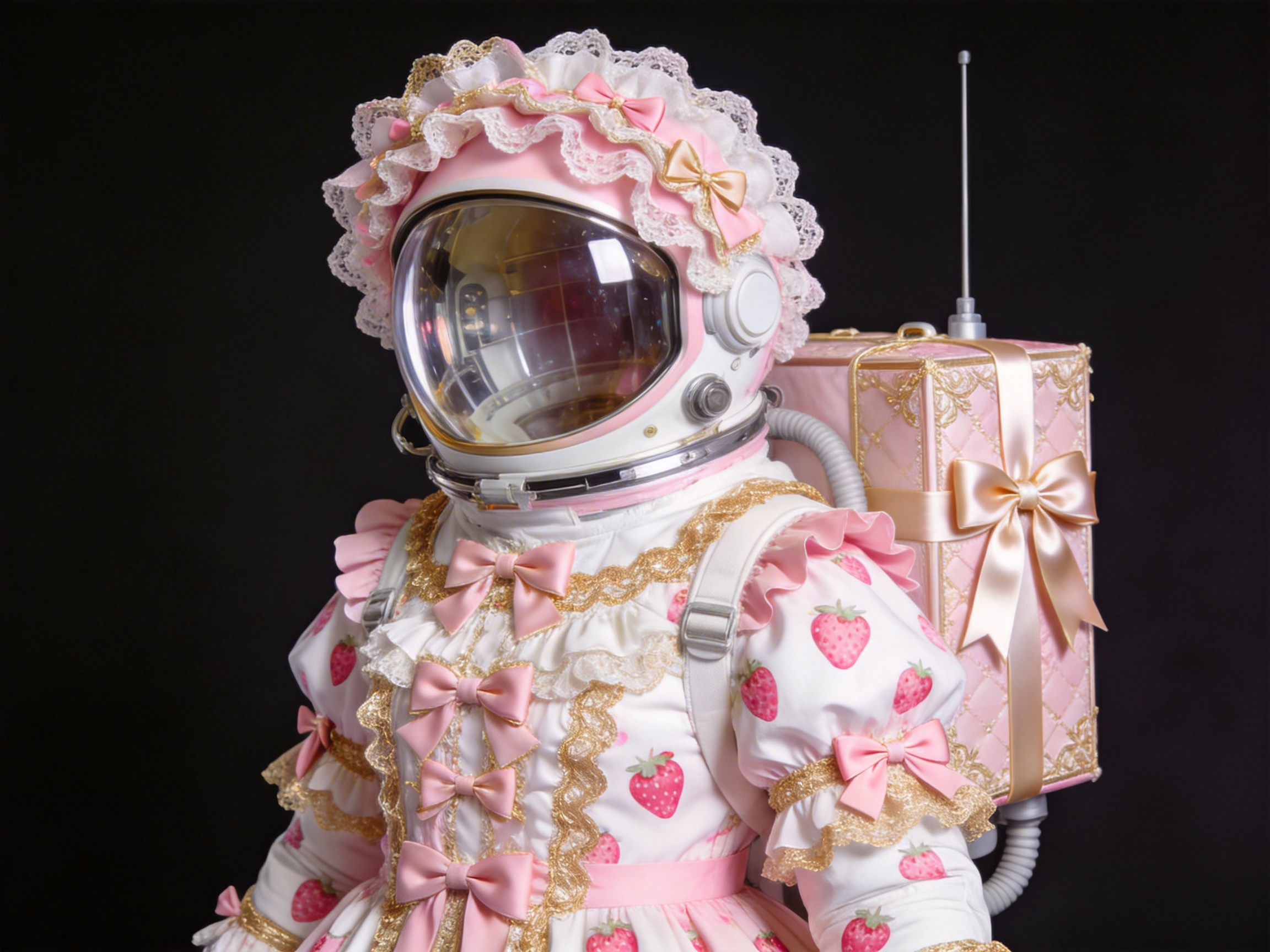 图中展示了一位身着奇特服装的人物，将硬核的航天装备与甜美的洛丽塔风格完美融合。画面主体是一个穿着粉白配色宇航服的角色，背景为纯黑色。宇航员头戴白色的航天头盔，但头盔顶部装饰着夸张的粉色蕾丝花边帽兜，并点缀着精致的蝴蝶结。宇航服本身被设计成了洛丽塔洋装的样式，布满了红色的草莓图案，胸前和袖口装饰着多层蕾丝、金色滚边以及一排粉色蝴蝶结。背后的生命维持背包则变成了一个巨大的粉色礼盒，上面系着华丽的金色缎带蝴蝶结，并带有一根细长的天线。

在 AI 生成的细节方面，画面存在一些明显的逻辑缺陷：头盔左侧的金属连接件显得结构模糊，缺乏真实的机械质感；背后的礼盒背包与身体的连接处透视略显生硬，且下方的灰色软管与背包的衔接不够自然，仿佛直接插在了礼盒边缘。此外，衣服上的草莓图案分布过于均匀且缺乏随布料褶皱产生的自然形变。