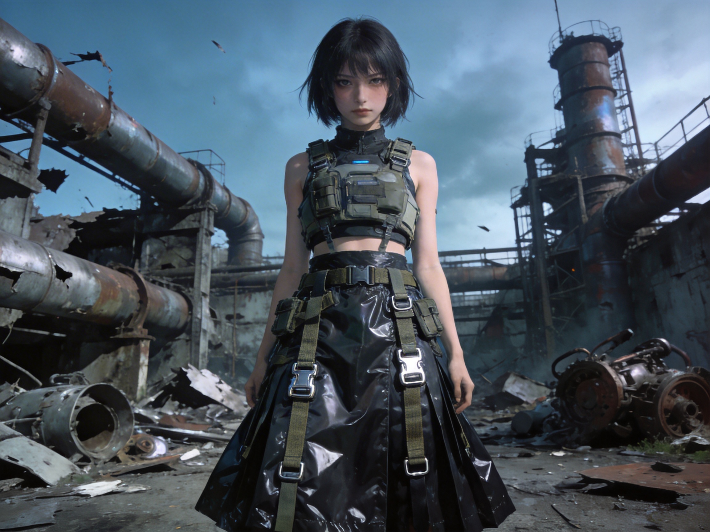 图中展示了一位留着黑色短碎发的年轻女性，她正站在一片充满废土气息的工业遗迹中心。她神情冷峻，穿着融合了战术与时尚元素的服装：上半身是一件短款黑色背心，外搭一件带有多个口袋和蓝色指示灯的军绿色战术胸挂；下半身穿着一条黑色亮面材质的百褶长裙，裙摆上垂挂着多条带有金属扣具的军绿色织带。背景是破败的工厂，随处可见锈迹斑斑的巨大金属管道、废弃的机械零件和高耸的烟囱，天空阴沉，呈现出一种末世后的压抑氛围。

画面中存在明显的 AI 生成缺陷：首先是人物的手部处理异常，左手手指显得短小且结构模糊，右手则几乎消失在裙摆边缘，缺乏清晰的轮廓；其次，裙子上的金属扣具和织带分布逻辑混乱，部分扣具像是凭空漂浮或嵌入布料中；背景左侧的金属管道边缘出现了不自然的破碎感，且天空中飞舞的碎片缺乏真实的物理质感，显得有些突兀。