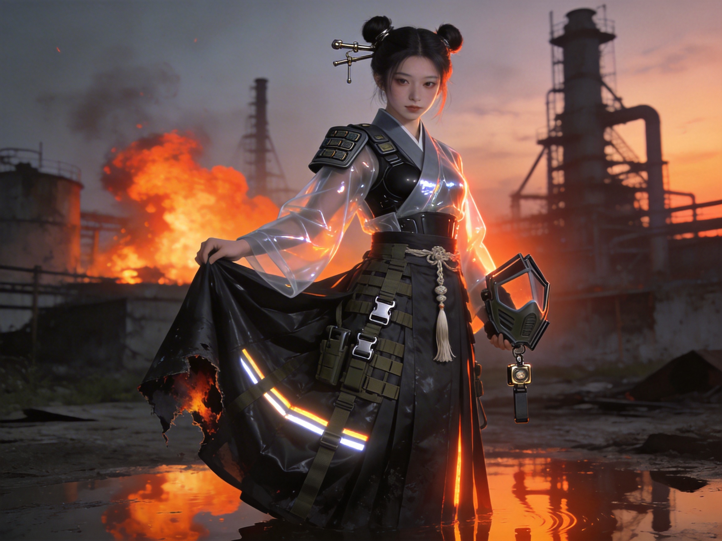 图中展示了一位融合了古风与赛博朋克元素的年轻女性，她站在一个充满末世感的工业废墟背景中。女子梳着精致的双丸子头，插着金属发簪，面容清秀。她穿着一件独特的服饰：上半身是半透明材质的宽大袖袍，内衬黑色紧身衣，肩部带有装甲；下半身是黑色长裙，上面点缀着战术插扣和发光灯条。她右手提着残破的裙摆，左手拎着一个极具科技感的防毒面具。背景是黄昏时分的化工厂，左侧有熊熊燃烧的烈火，右侧是高耸的烟囱，地面积水倒映着火光。

画面中存在明显的 AI 生成缺陷：首先，女子的左手与防毒面具的连接处结构模糊，手指与面具边缘融合，且面具下方的挂件透视关系混乱。其次，她右手提起的裙摆边缘破损处，火焰的红光与布料的融合显得生硬，缺乏真实的物理质感。此外，背景中左侧的火光与地面水渍的倒映在位置上略有偏差，整体光影虽然华丽，但在细节衔接上略显失真。