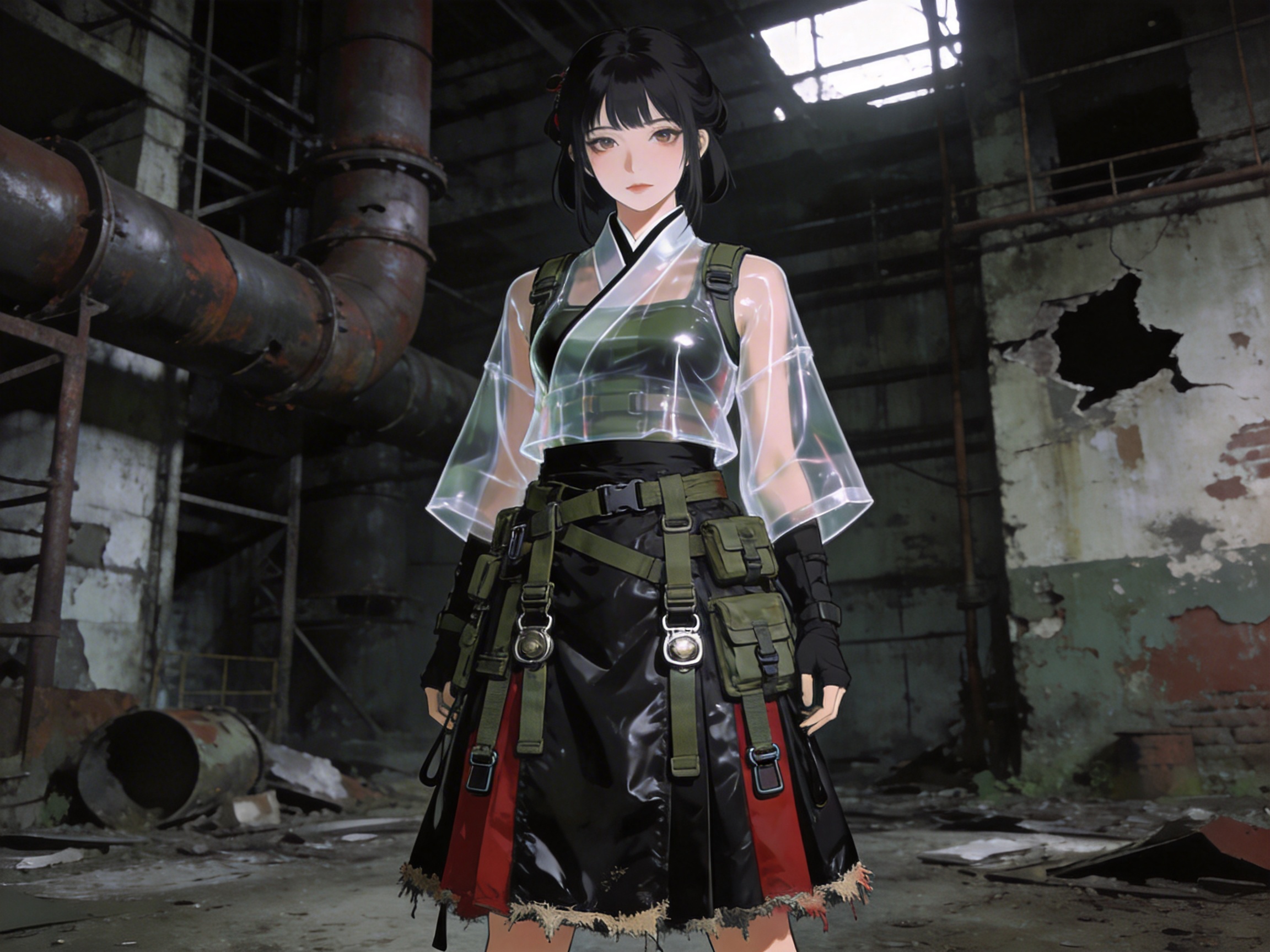 图中展示了一位融合了赛博朋克与中式风格的动漫少女，她正站在一个破旧、昏暗的废弃工厂内部。少女留着黑色短发，神情冷静，身穿一件透明质感的交领短衫，内搭深绿色背心，下半身是一条带有红色拼接的黑色机能风长裙，腰间挂满了军绿色的战术口袋和扣带。背景是斑驳的墙壁、锈迹斑斑的大型管道和散落在地的工业废料，光线从屋顶的破洞中洒下，营造出一种末世荒凉的氛围。

在 AI 生成细节方面，画面存在明显的逻辑缺陷：首先是少女的双手处理得不够自然，尤其是左手手指的线条模糊且比例失调。其次，她腰间的战术扣带和口袋分布杂乱，部分带子的连接处与身体透视不符，显得像是悬浮在裙子表面。此外，透明上衣的边缘光影处理略显生硬，与背景的融合感稍欠自然，裙摆边缘的磨损效果也呈现出重复的数字笔触感。