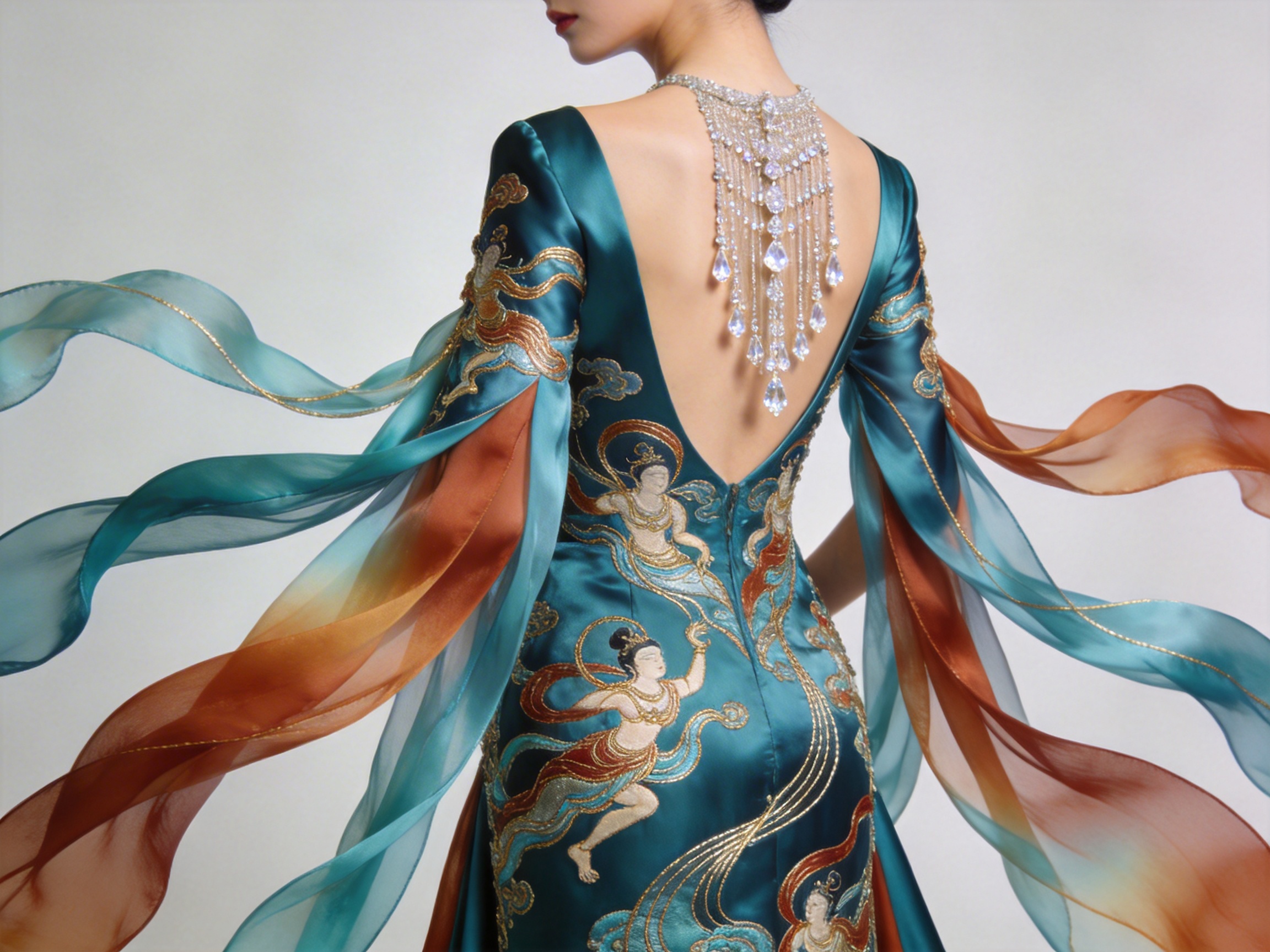 图中展示了一位女性的背影，她穿着一件融合了敦煌壁画元素的深绿色绸缎礼服。礼服采用大露背设计，背部垂挂着由多串水晶组成的华丽项链，闪烁着剔透的光泽。裙身上绣有精美的飞天壁画图案，色彩以橘色、金色和淡蓝色为主，展现出浓郁的古典艺术气息。模特的袖子设计独特，连接着长长的半透明飘带，飘带呈现出青色与橙色的渐变效果，向两侧轻盈飞扬，营造出灵动的视觉感。背景为纯净的浅灰色，构图聚焦于服装的工艺细节。在 AI 生成的缺陷方面，画面存在明显的逻辑错误：左侧飘带的生长位置模糊，似乎直接从手臂皮肤或腋下穿出，而非连接在衣袖边缘；右侧飘带的褶皱纹理与重力感显得不够自然，且部分刺绣图案的边缘线条略显生硬，缺乏真实织物的质感。