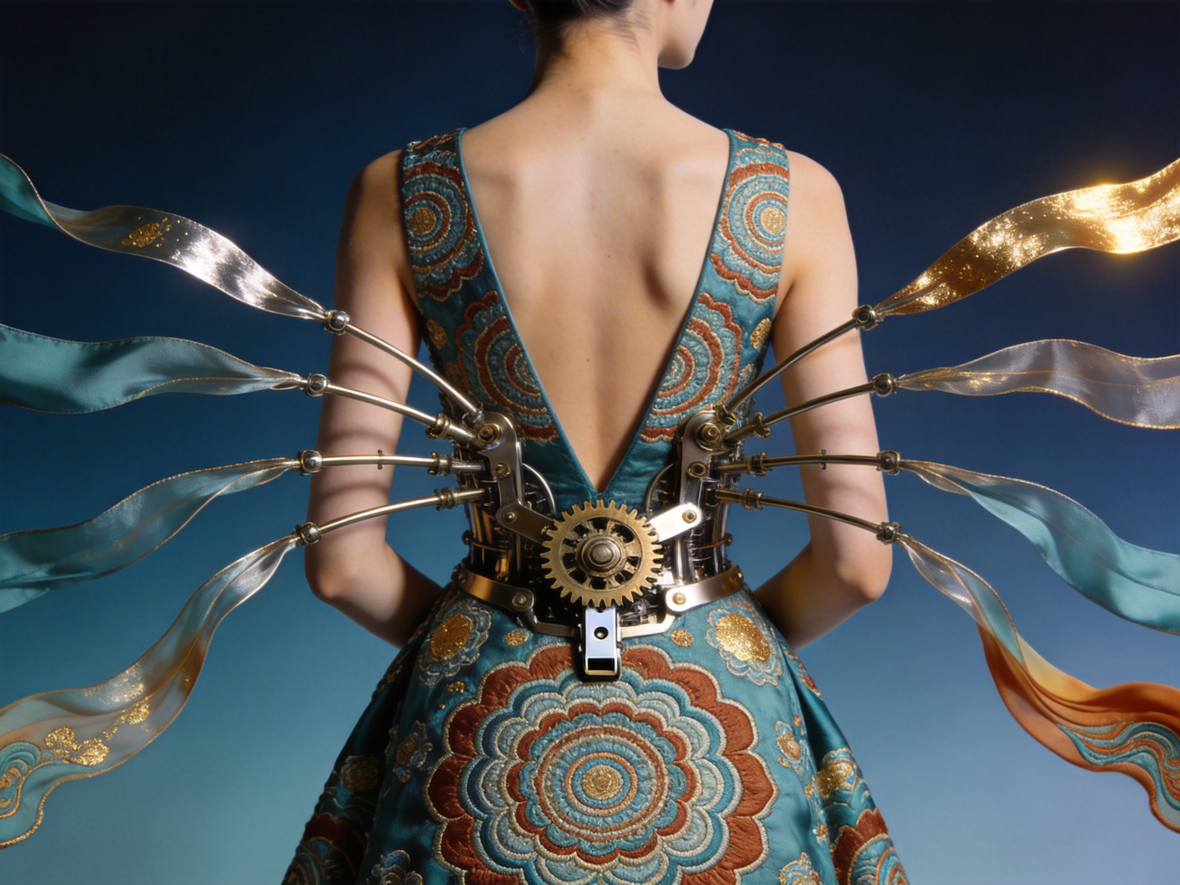 图中展示了一位女性的背影，她身着一件深青色带有复古花纹的露背礼服，背景是深蓝色的渐变虚化空间。画面的核心视觉焦点在于她腰部安装的一个复杂蒸汽朋克风格的金属机械装置。该装置以一个巨大的金色齿轮为中心，向两侧延伸出数根金属支架，支架末端连接着飘逸的彩色丝带，宛如一对机械羽翼。丝带呈现出金、银、青、橙等多种色彩，带有金属光泽。

作为一张 AI 生成的图片，画面存在明显的逻辑缺陷：首先，机械装置的金属支架直接穿透了礼服的布料，甚至似乎嵌入了皮肤，缺乏合理的物理连接结构。其次，左侧最上方的丝带在连接处出现了结构断裂，呈现出不自然的扭曲感。此外，人物双臂的姿态与身体比例略显僵硬，腰部的金属腰带与裙子的融合处也存在透视上的不协调，使得机械结构看起来像是漂浮在衣物表面而非固定其上。
