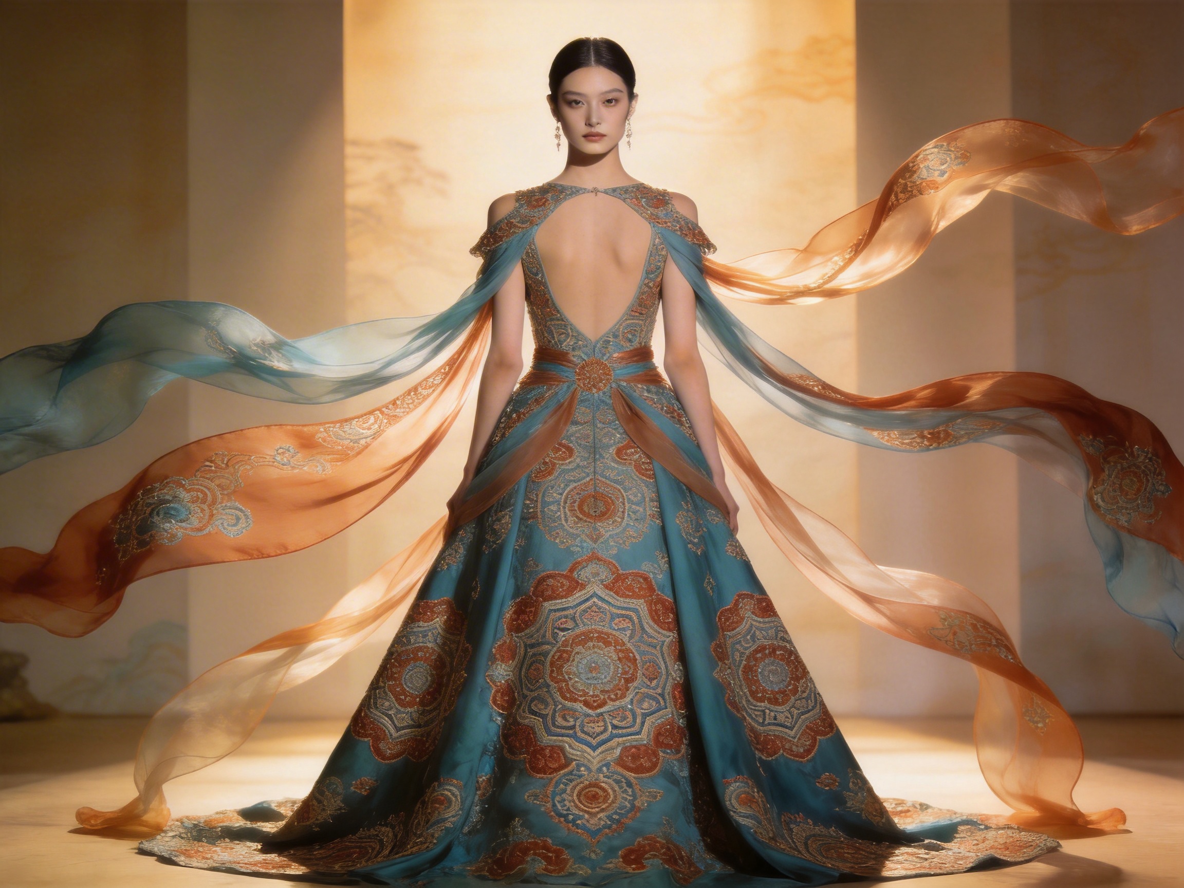 图中展示了一位具有东方面孔的女性模特，她正背对镜头站立，头部回眸看向观众。她身着一件融合了敦煌壁画风格的华丽礼服，裙身呈青蓝色，上面绣有精致的橙金色曼荼罗图案。礼服采用露背设计，多条半透明的青色与橙色绸带从肩部和腰部向两侧飞扬，营造出一种轻盈飘逸的仙气感。背景是柔和的暖黄色调，仿佛置身于古老的石窟或宫殿之中，光线从正面打来，在地面投下阴影。

在 AI 生成的细节方面，画面存在一些明显的逻辑缺陷：最显著的是模特的双手完全缺失，手臂末端直接消失在飞舞的绸带中；此外，绸带的生长路径显得不合常理，部分绸带似乎直接从腋下或腰部皮肤中长出，而非连接在衣服缝隙处；模特的颈部线条略显僵硬，与肩膀的连接处透视感稍显平面。尽管整体视觉效果宏大华美，但这些肢体缺失和结构异常揭示了其 AI 生成的本质。