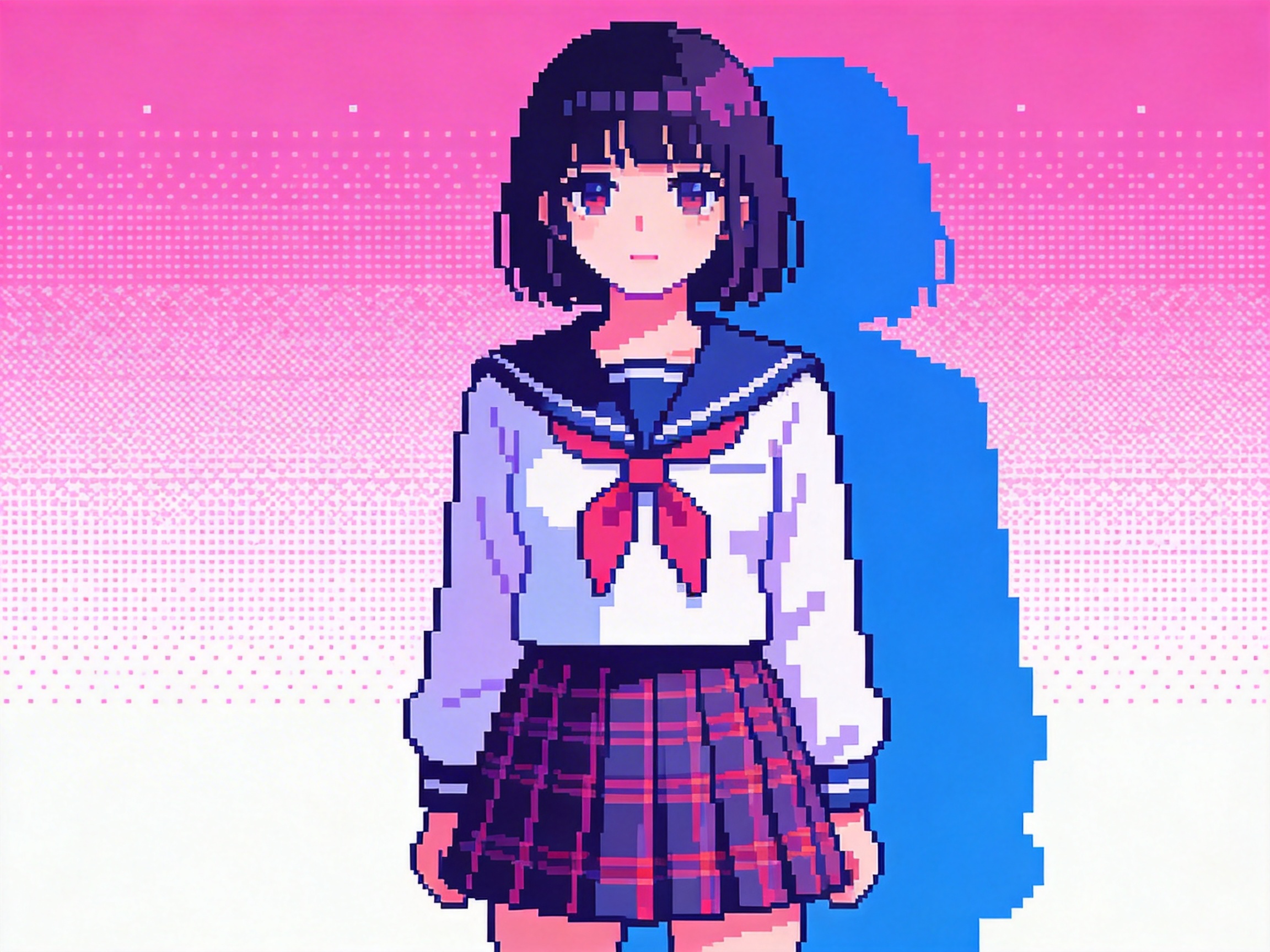 画面中展示了一幅复古像素艺术风格的动漫少女立绘。女孩位于画面中央，留着深紫色的齐耳短发，神情略显忧郁。她穿着经典的日本高中生水手服：白色长袖上衣配以深蓝色领口和红色蝴蝶结，下身是深色格纹百褶裙。背景由粉色到白色的渐变像素点组成，女孩身后有一个巨大的蓝色像素剪影，像是她的影子或某种幻象。整体色调呈现出一种蒸汽波（Vaporwave）的怀旧美感。

作为 AI 生成的图像，画面存在一些明显的逻辑缺陷：首先是光影透视异常，右侧巨大的蓝色影子与女孩本体的轮廓并不完全匹配，且光源方向模糊；其次，女孩的双手处理得非常模糊且结构缺失，手指部分呈现为不规则的像素块，无法分辨具体形状；此外，百褶裙的格纹线条在边缘处显得杂乱，缺乏布料褶皱的真实逻辑。